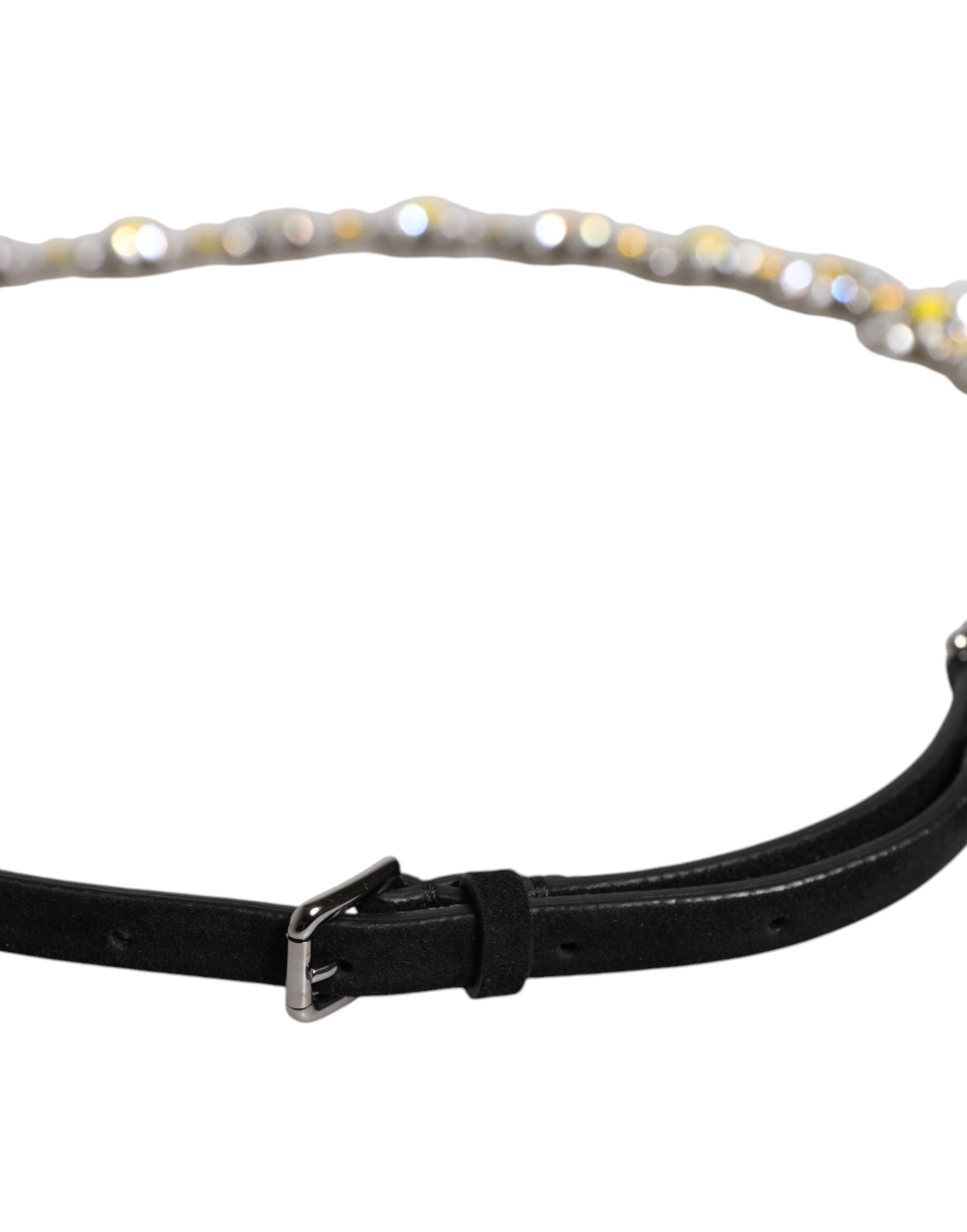Black Leather Daisy Crystal Embellish Waist Belt - ventzia