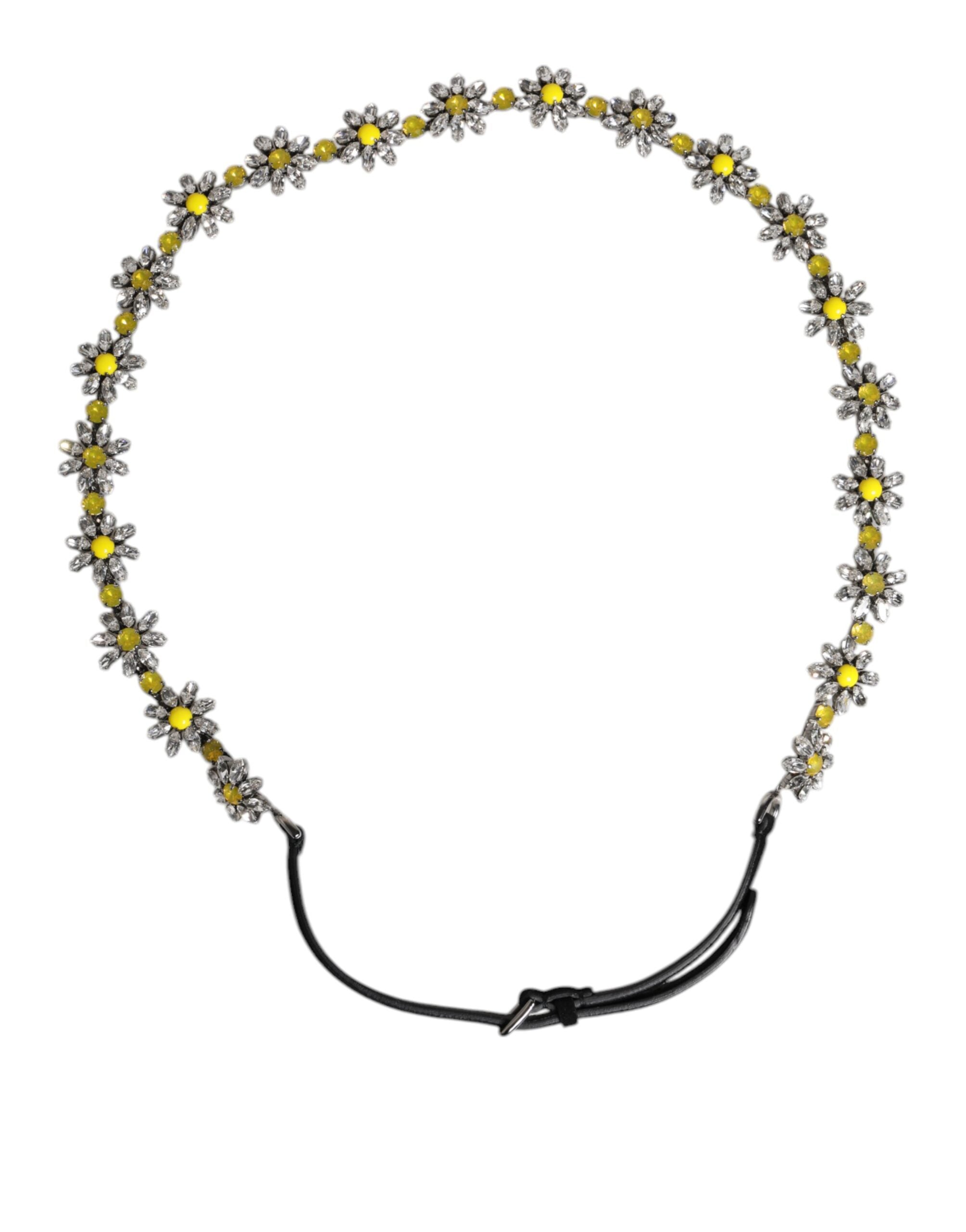 Black Leather Daisy Crystal Embellish Waist Belt - ventzia
