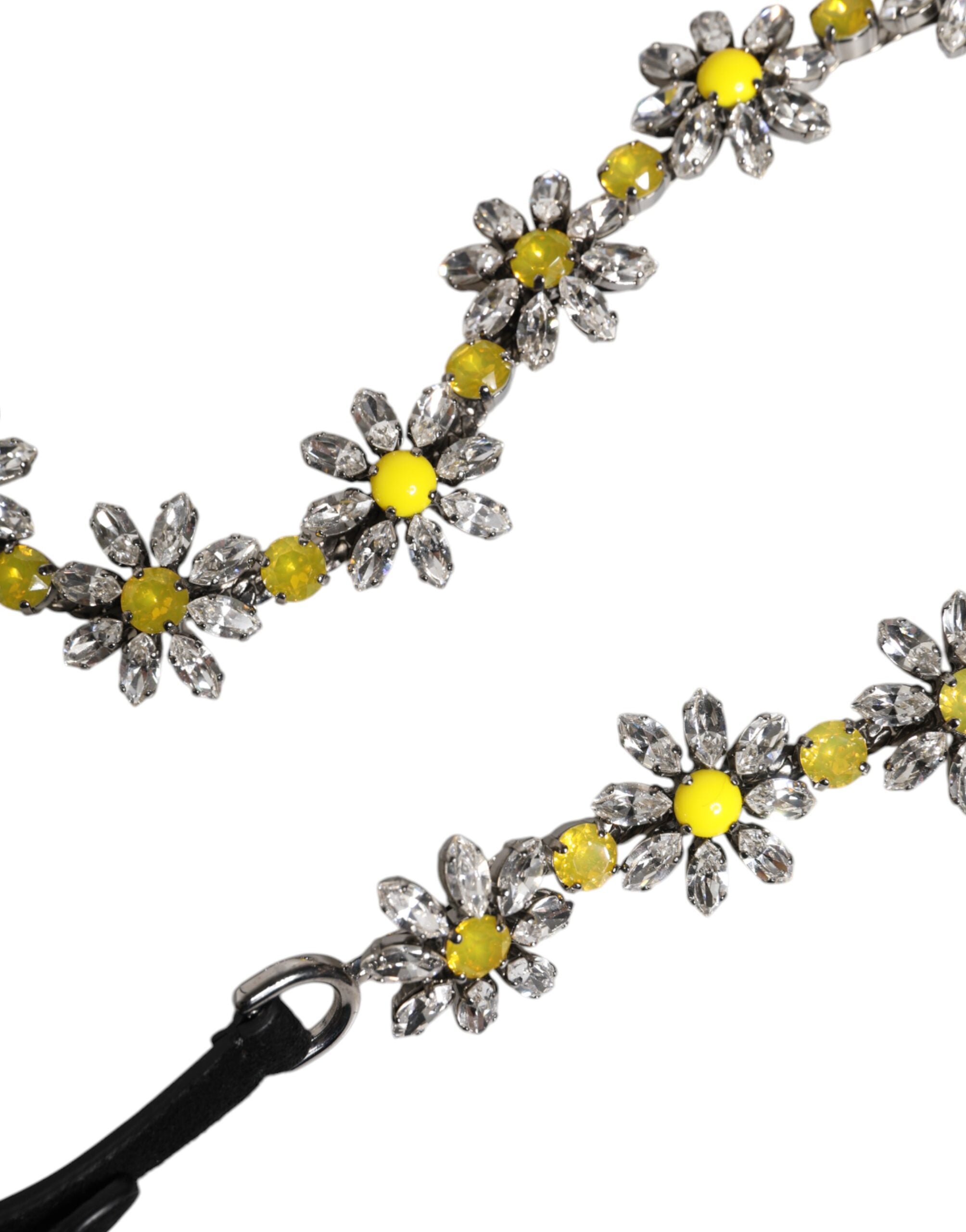 Black Leather Daisy Crystal Embellish Waist Belt - ventzia