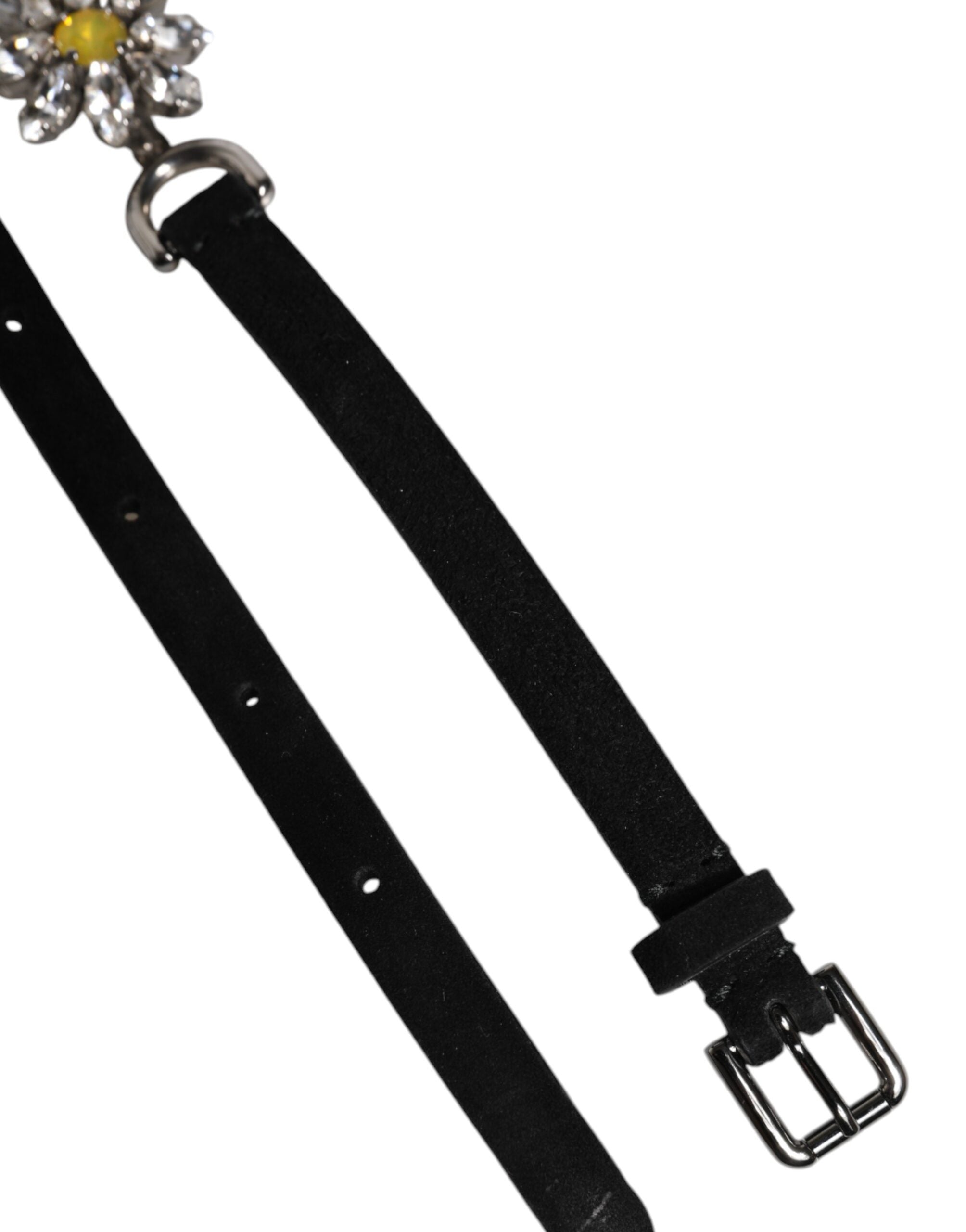 Black Leather Daisy Crystal Embellish Waist Belt - ventzia