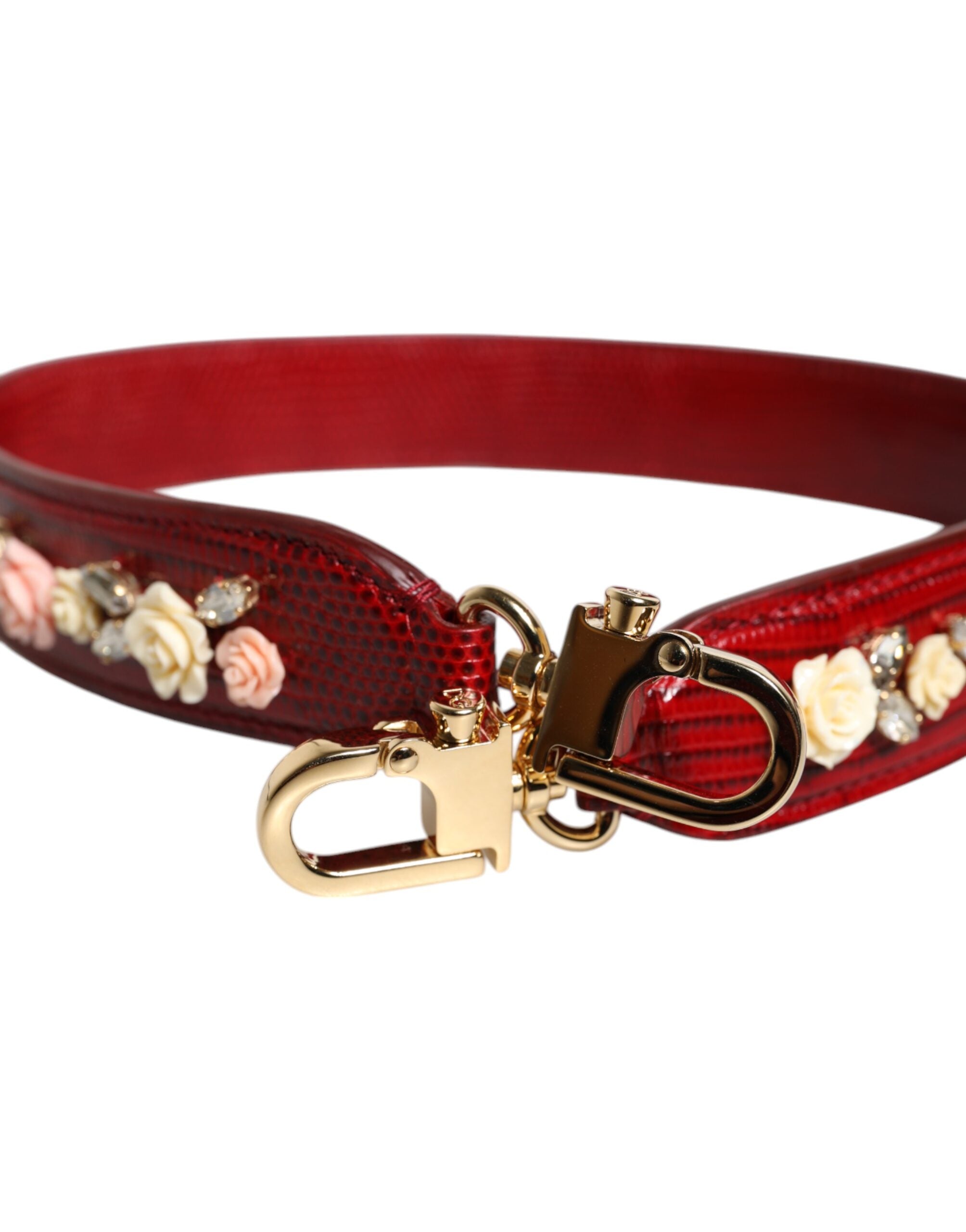 Red Leather Floral Embellish Bag Shoulder Strap - ventzia