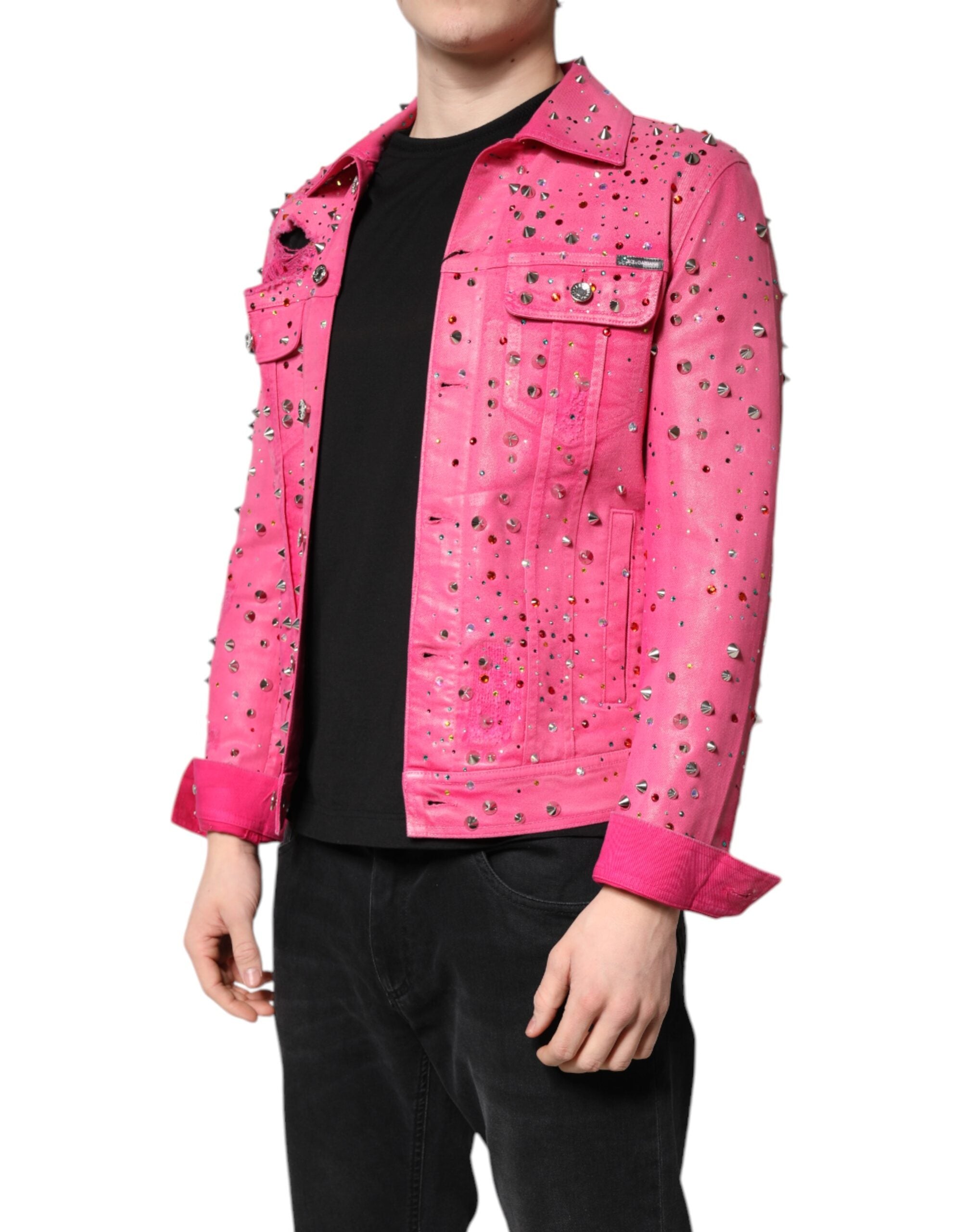 Pink Crystal Embellished Cotton Denim Jacket - ventzia