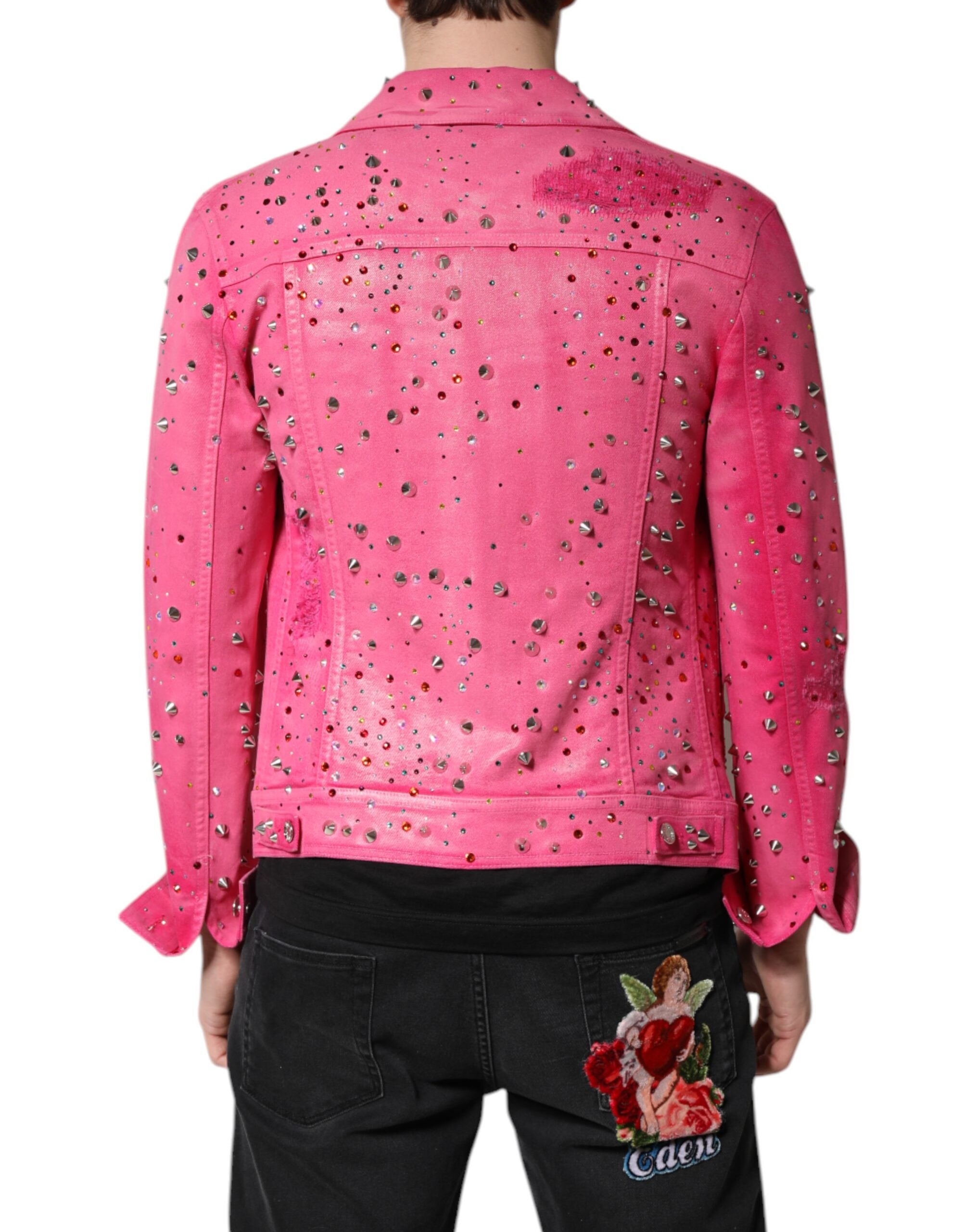 Pink Crystal Embellished Cotton Denim Jacket - ventzia
