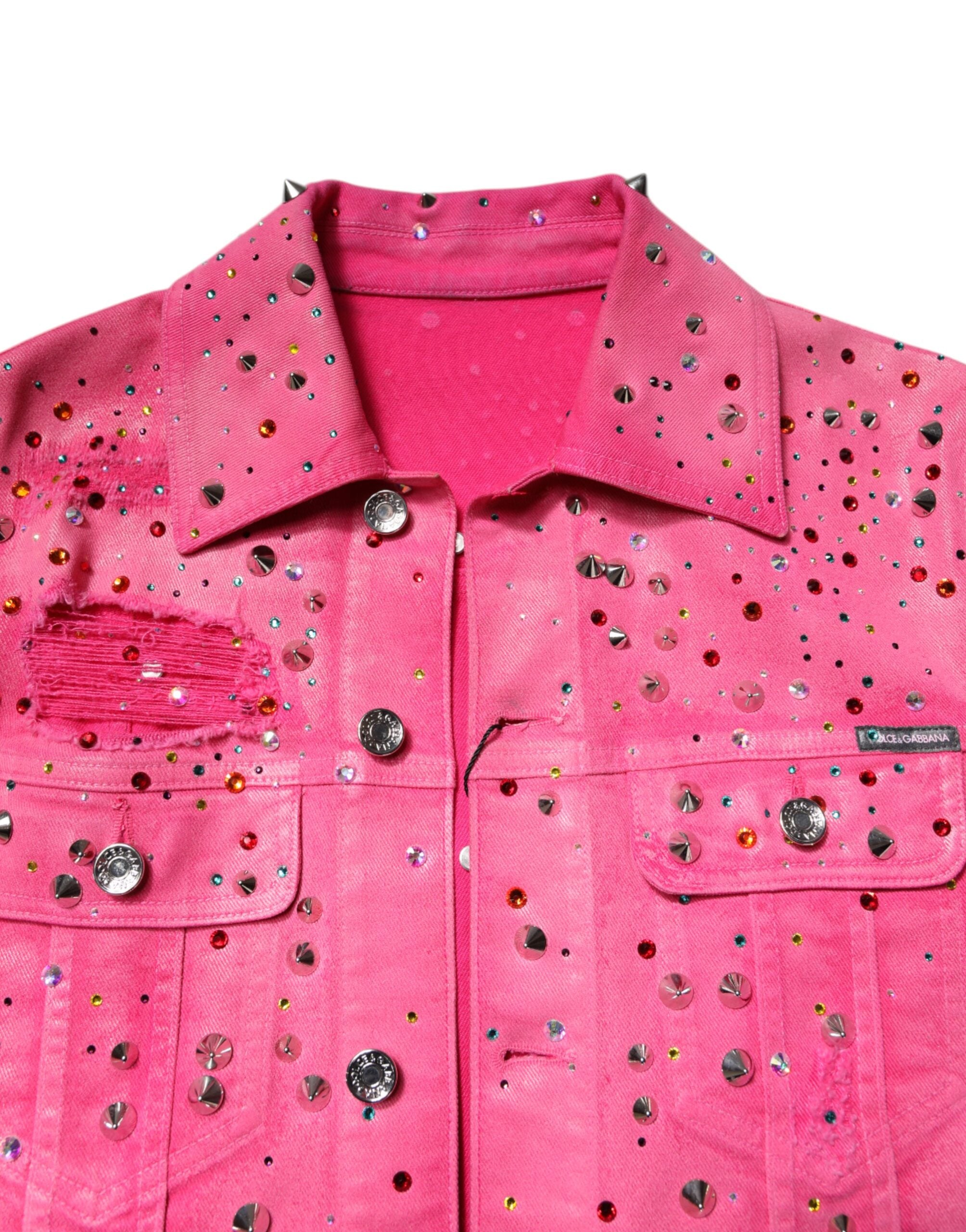 Pink Crystal Embellished Cotton Denim Jacket - ventzia
