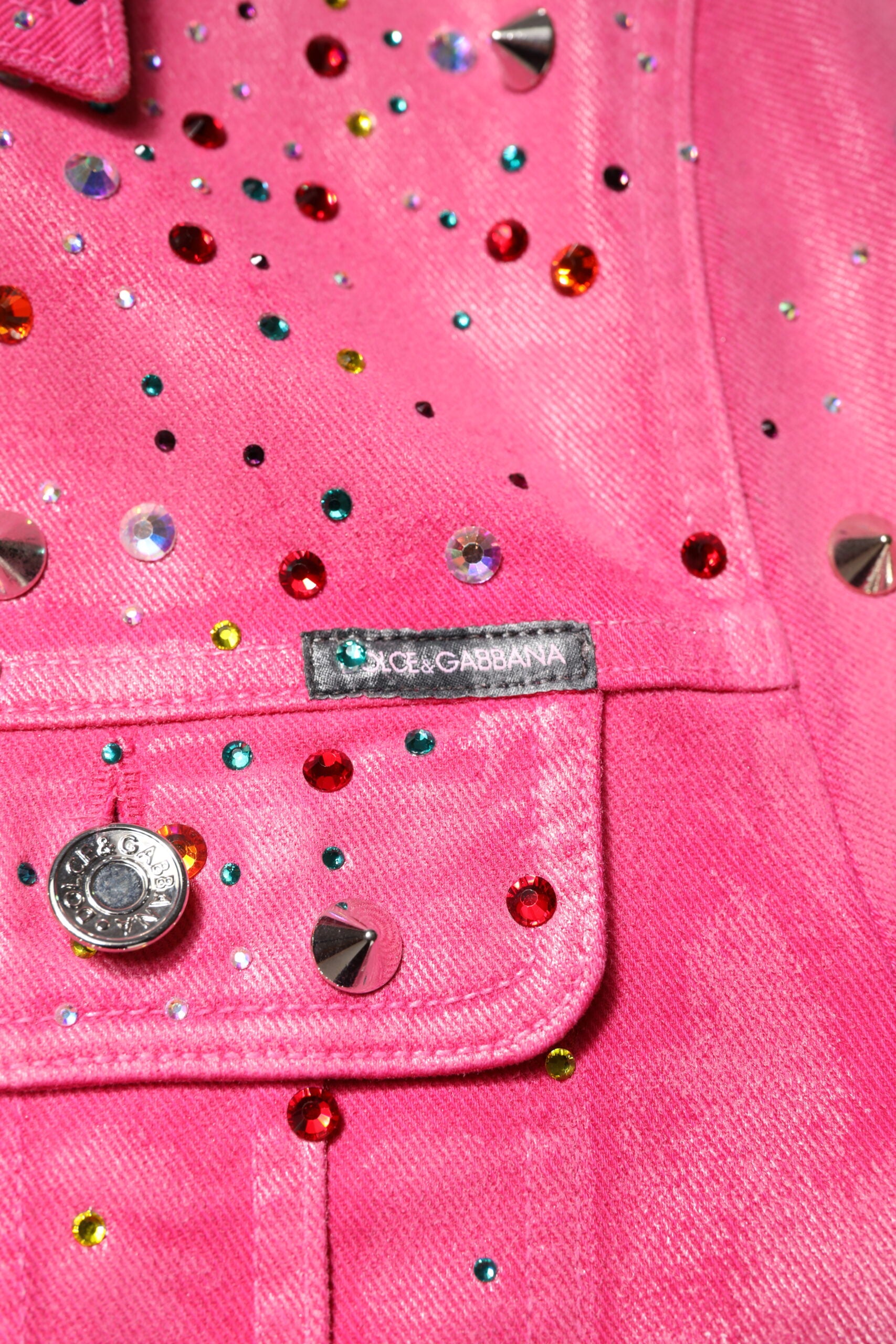 Pink Crystal Embellished Cotton Denim Jacket - ventzia