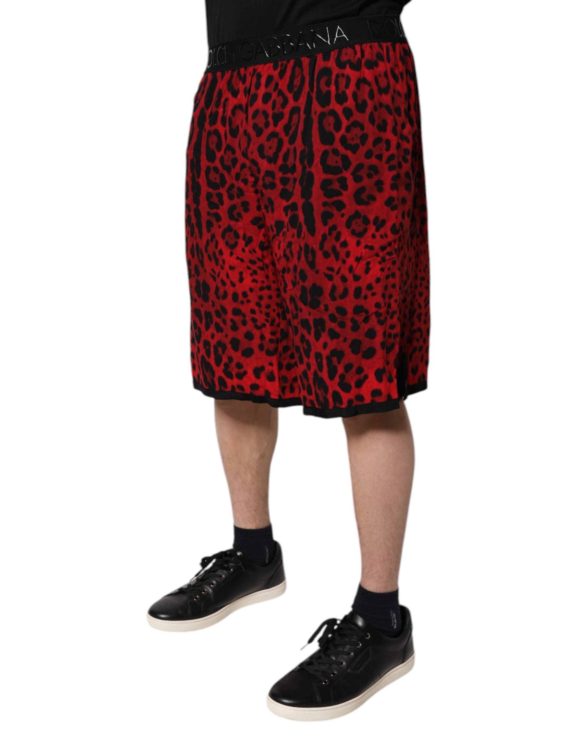 Red Leopard Print Viscose Bermuda Shorts - ventzia