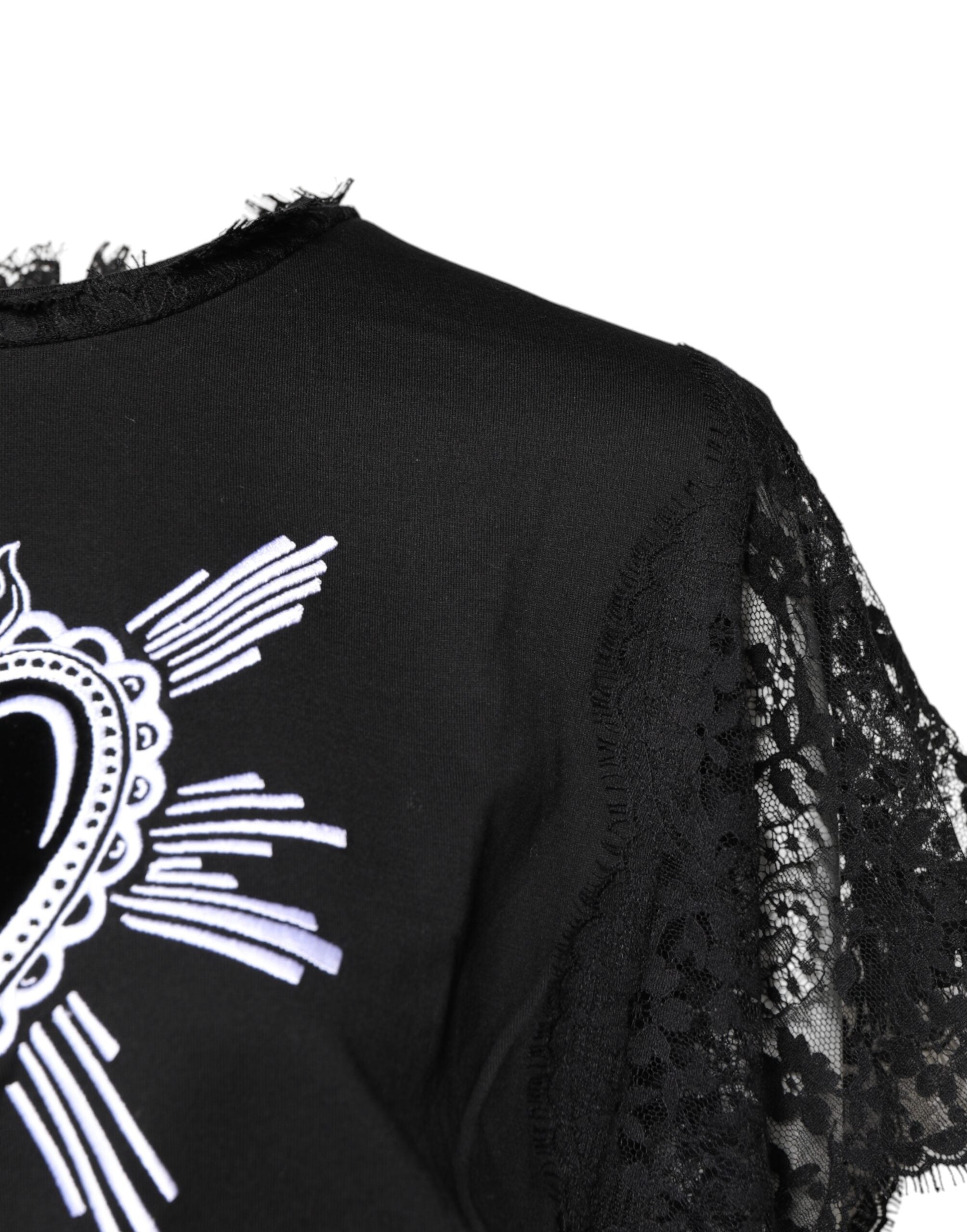 Black Lace Sheer Sacred Heart Crew Neck Top - ventzia