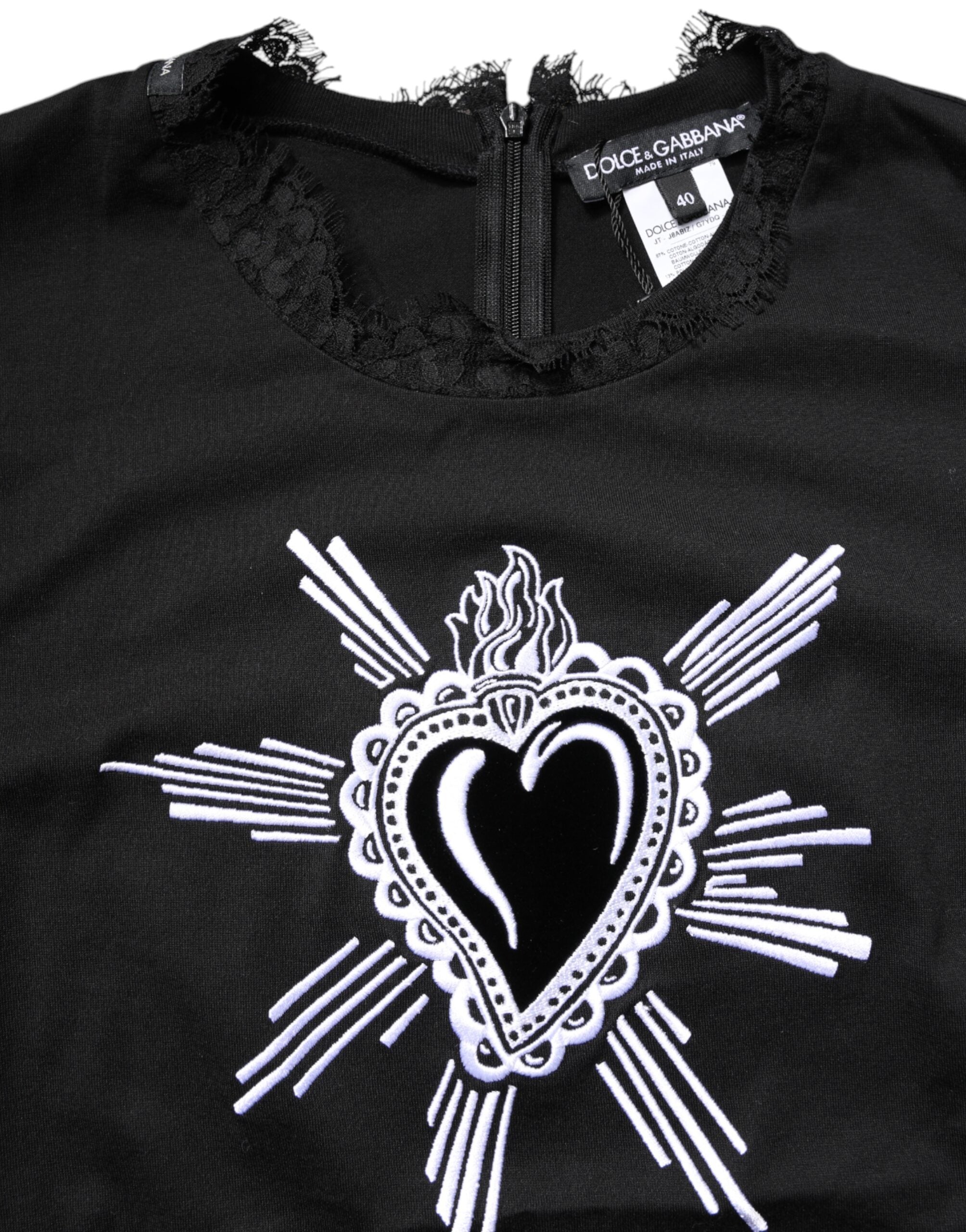 Black Lace Sheer Sacred Heart Crew Neck Top - ventzia