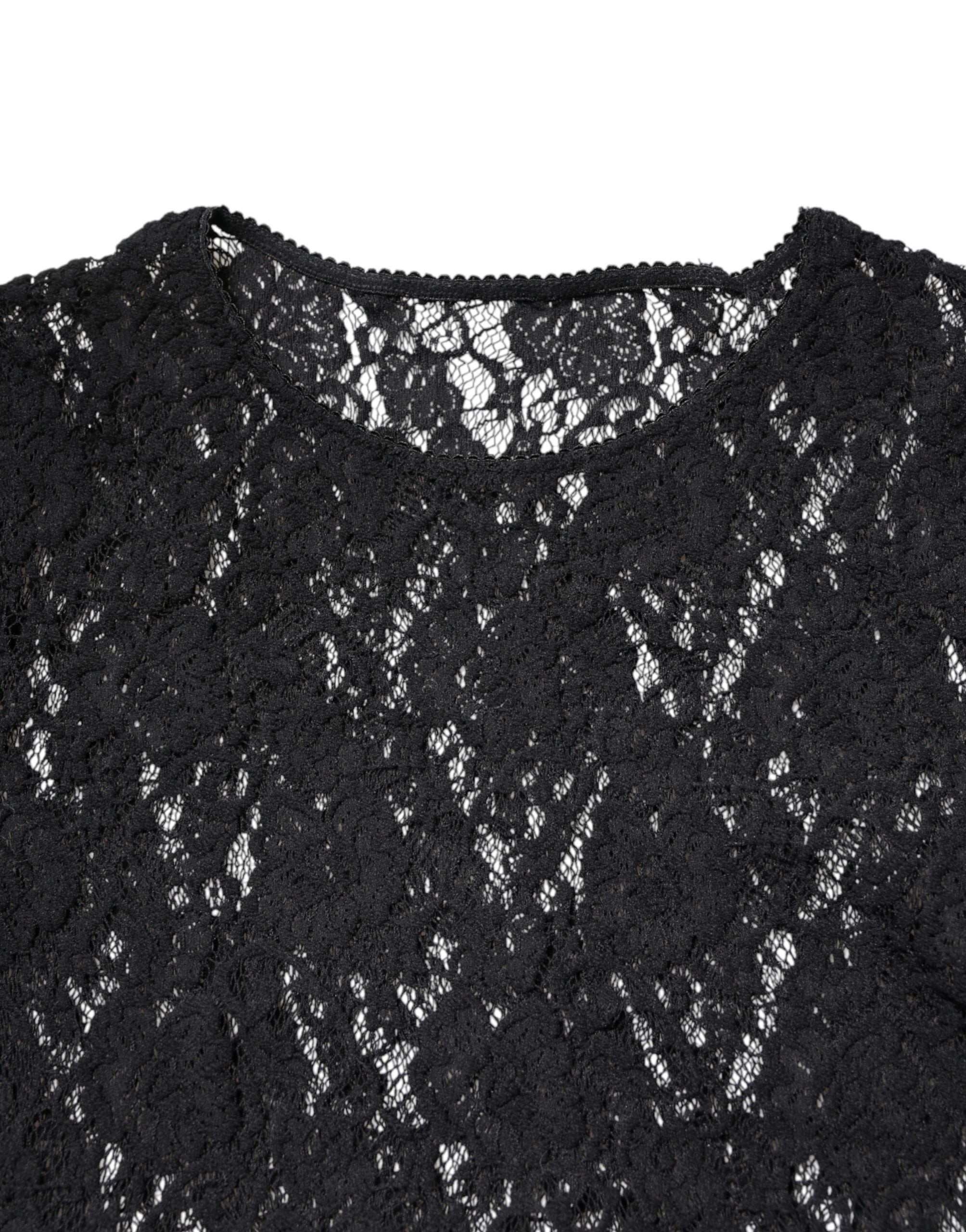 Black Floral Lace Long Sleeves Pullover Top - ventzia