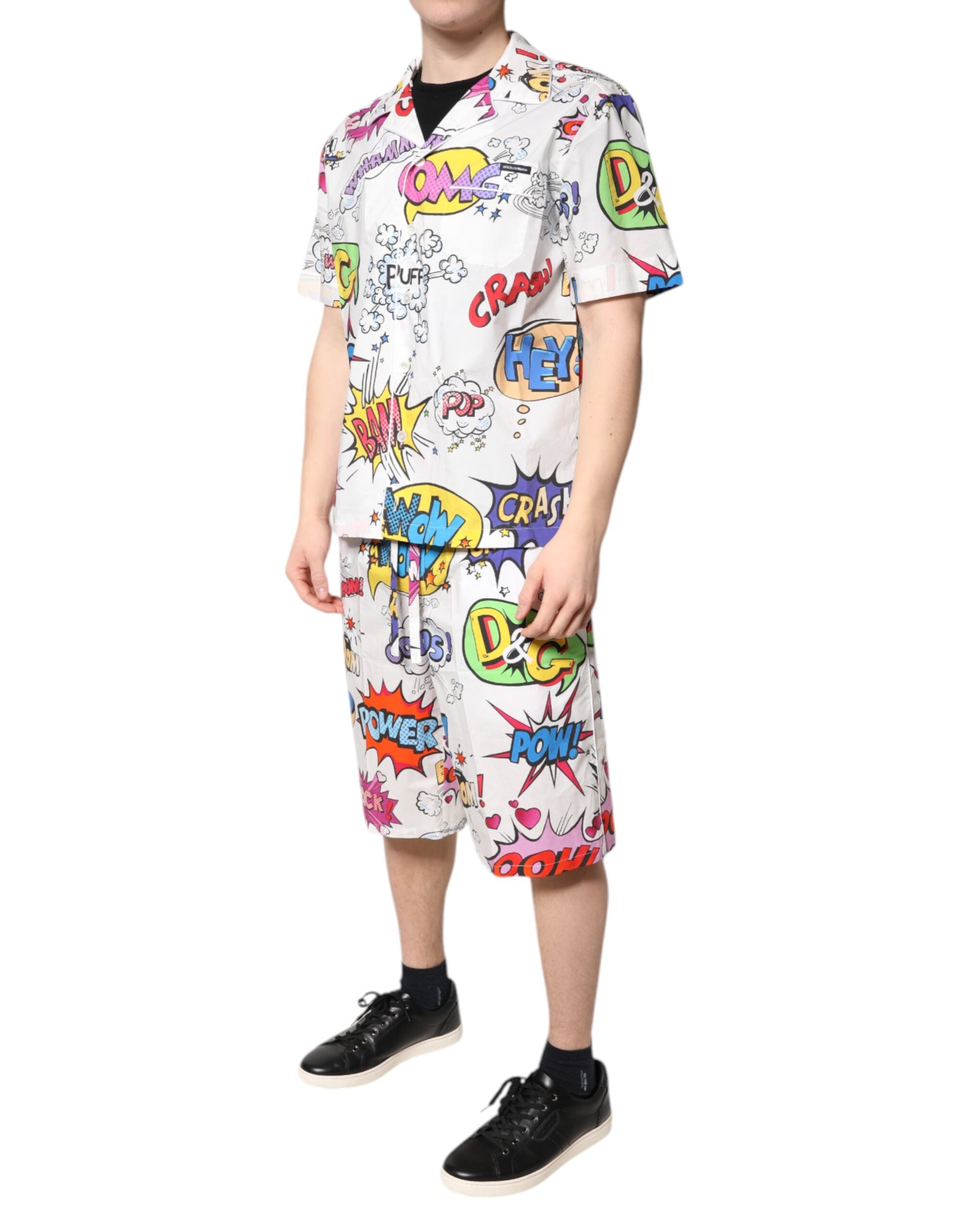 White Cartoon Print Cotton Men Pajama Set Sleepwear - ventzia