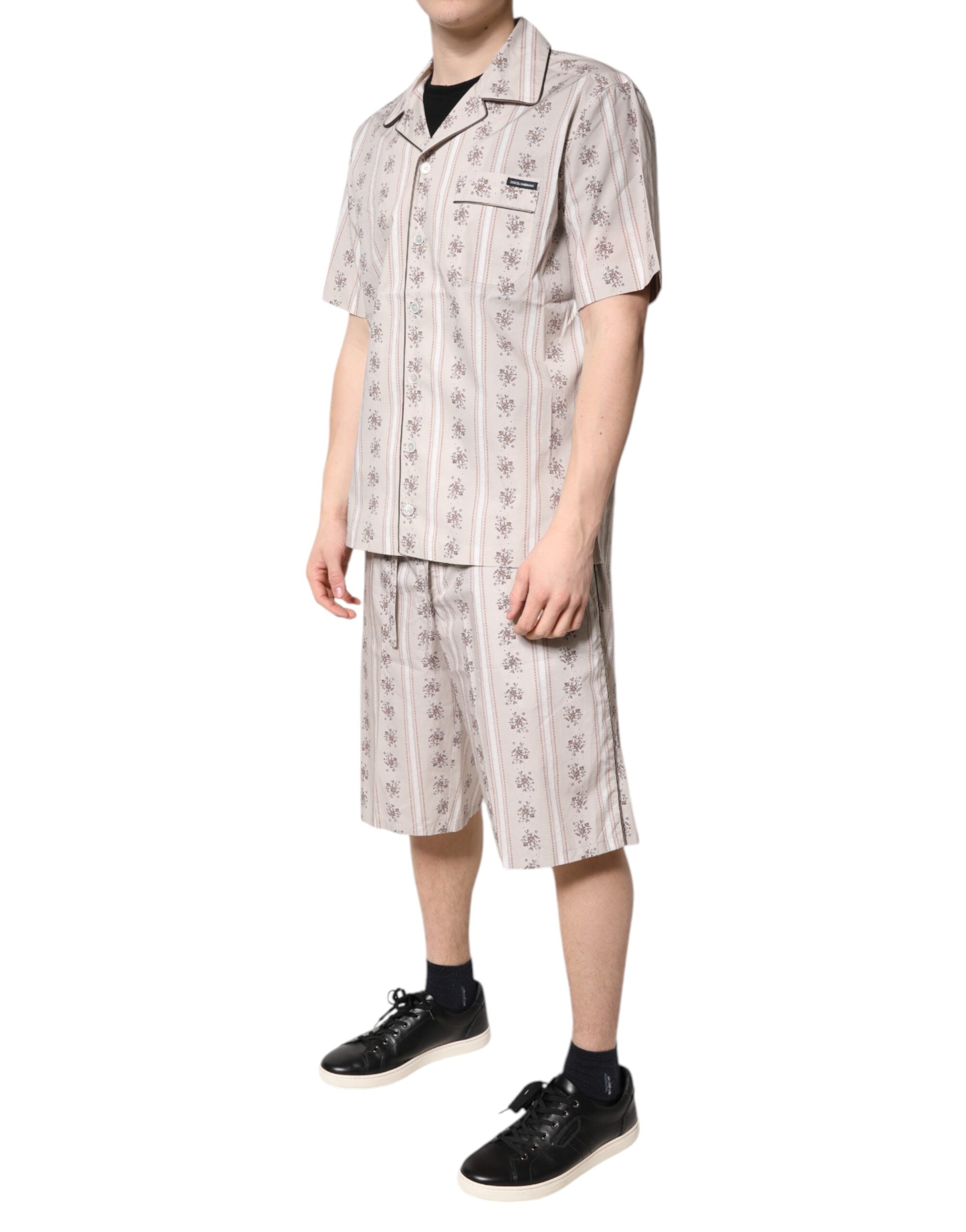 Beige Floral Print Cotton Men Pajama Set Sleepwear - ventzia