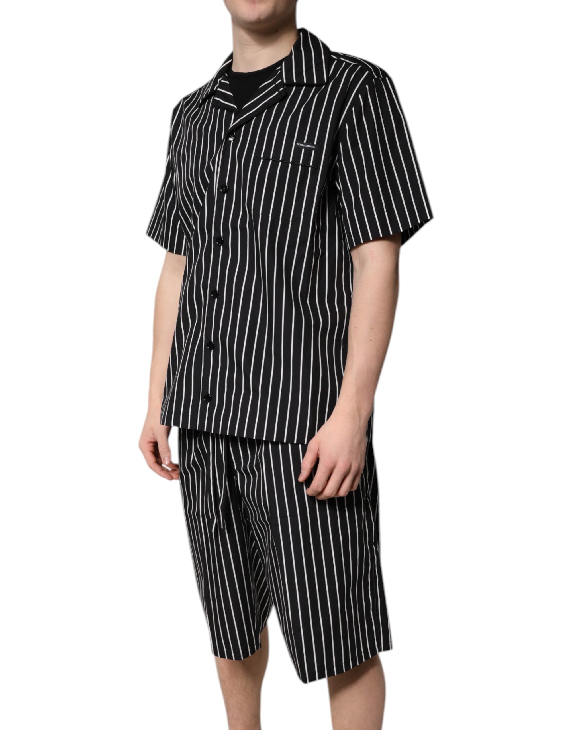 Black White Stripes Cotton Men Pajama Set Sleepwear - ventzia