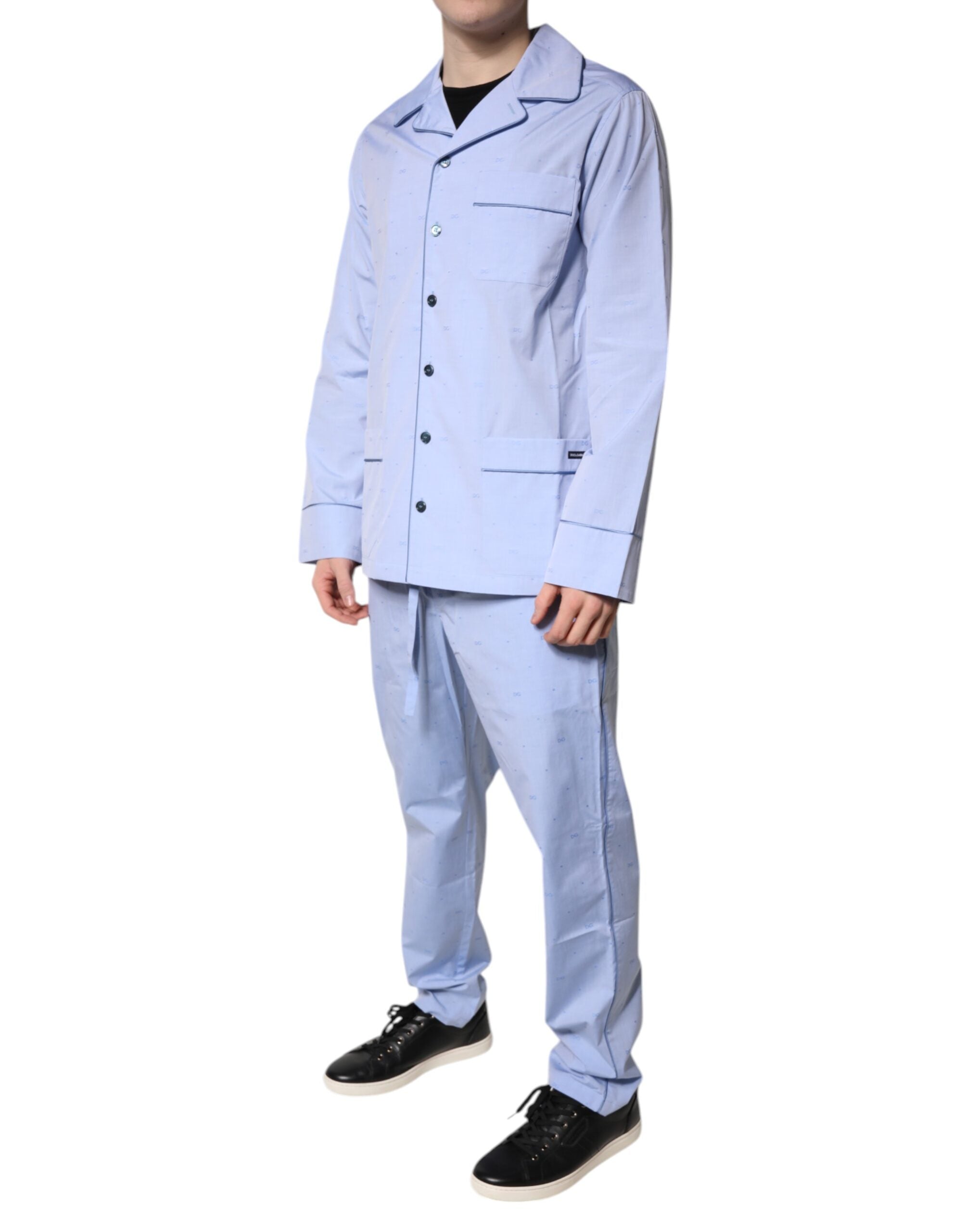 Light Blue DG Logo Cotton Men Pajama Set Sleepwear - ventzia