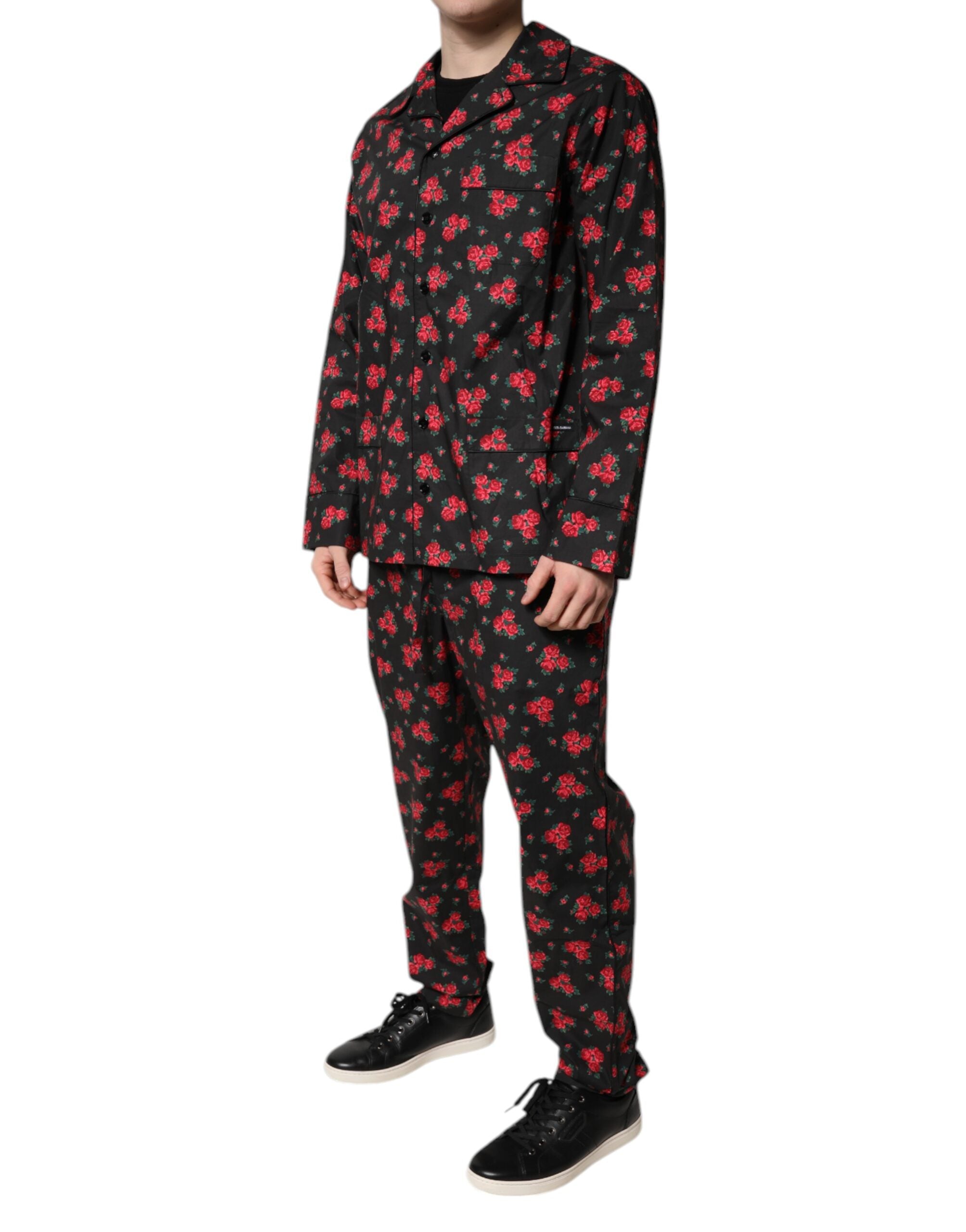 Black Floral Print Cotton Men Pajama Set Sleepwear - ventzia