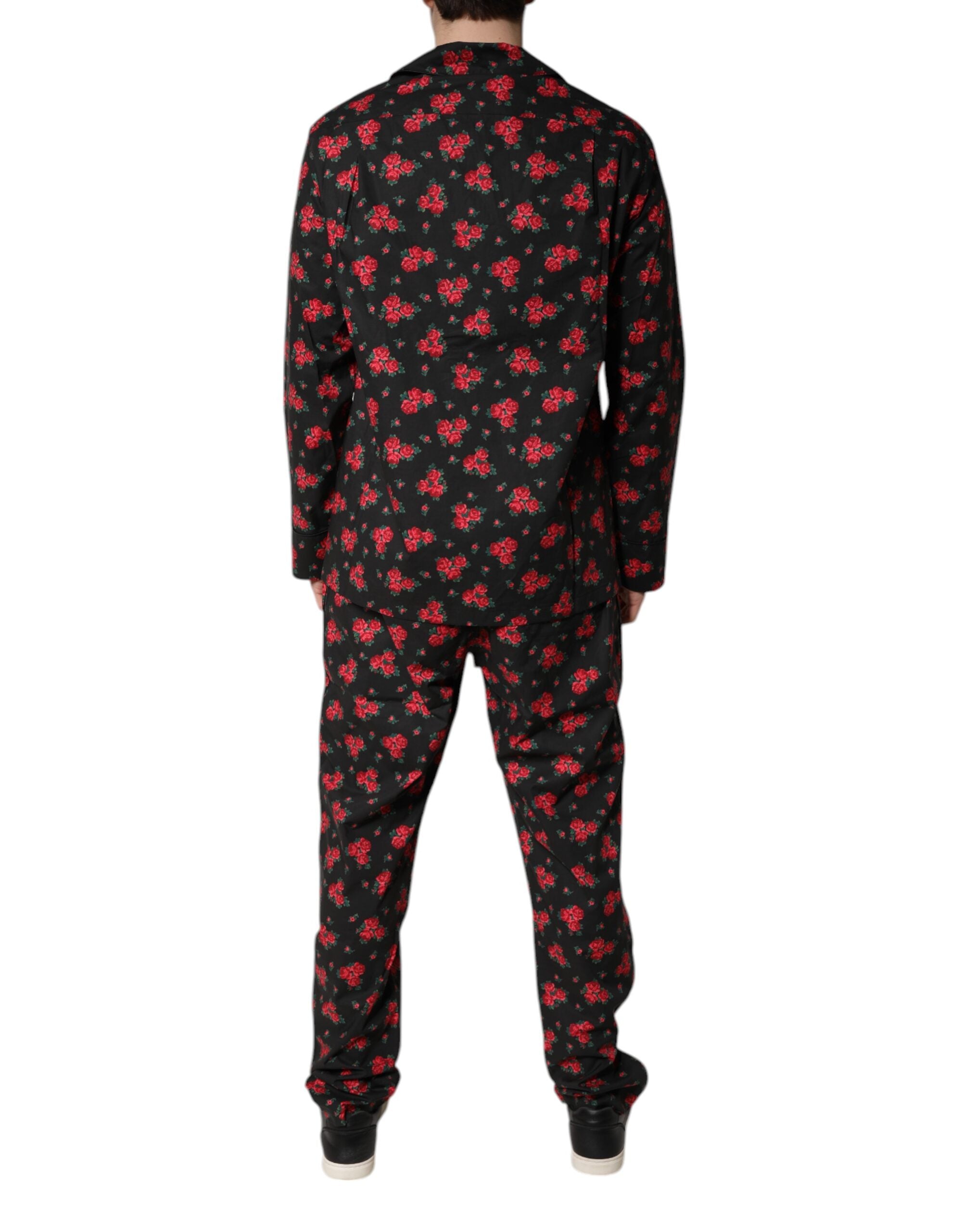 Black Floral Print Cotton Men Pajama Set Sleepwear - ventzia
