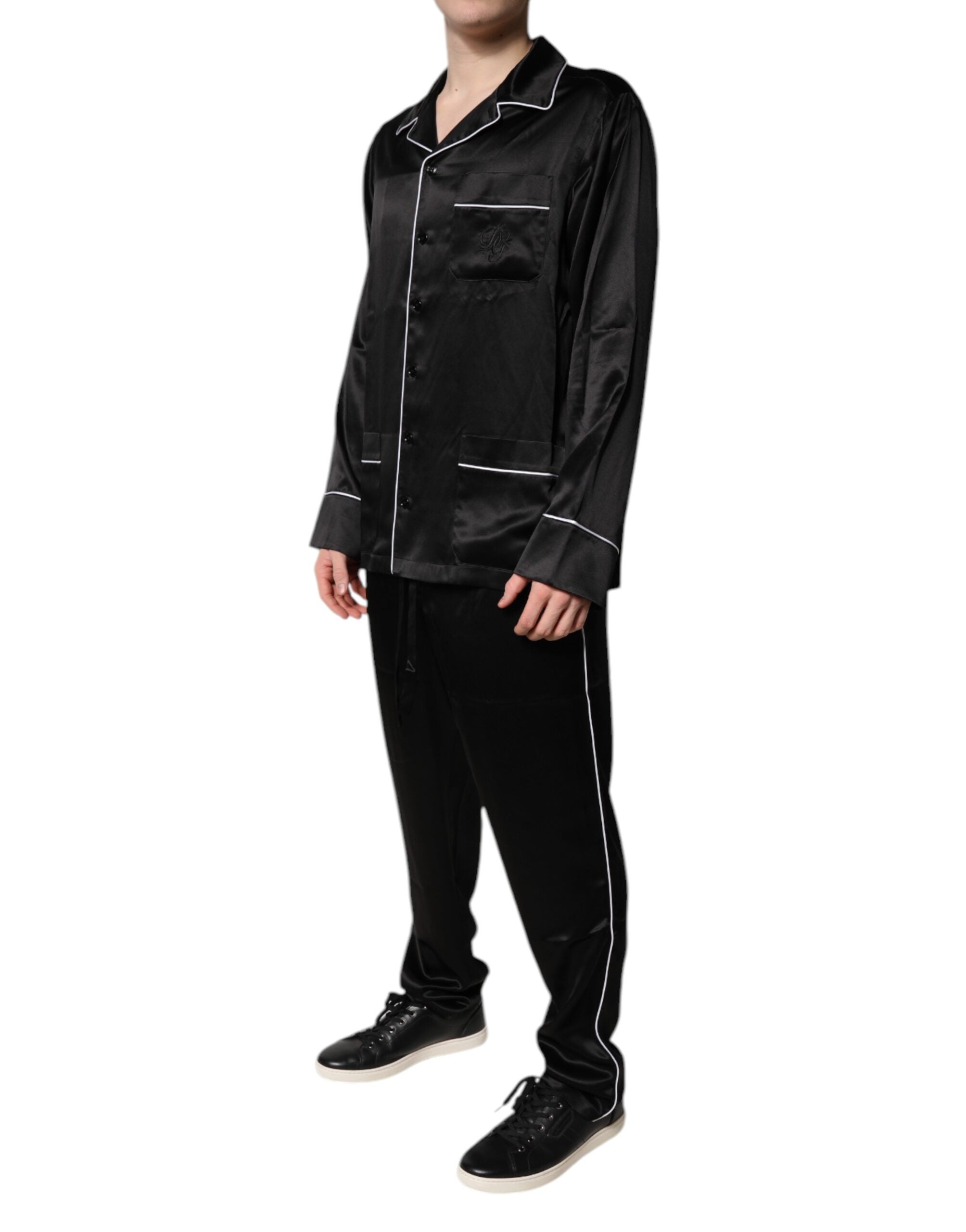 Black Silk Shirt Pants Pajama Set Sleepwear - ventzia