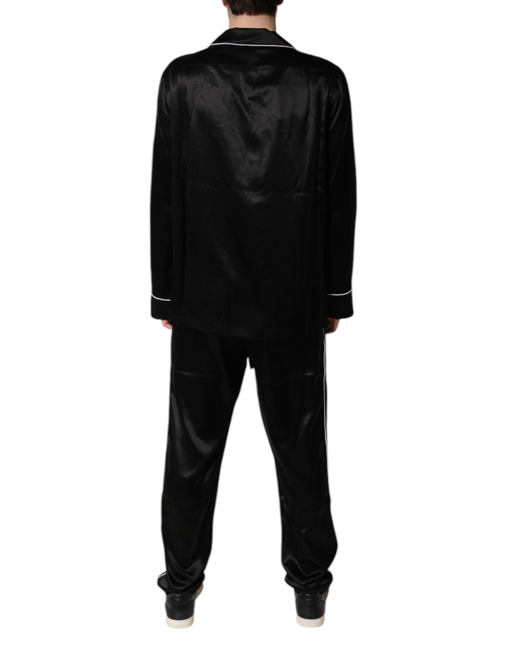 Black Silk Shirt Pants Pajama Set Sleepwear - ventzia