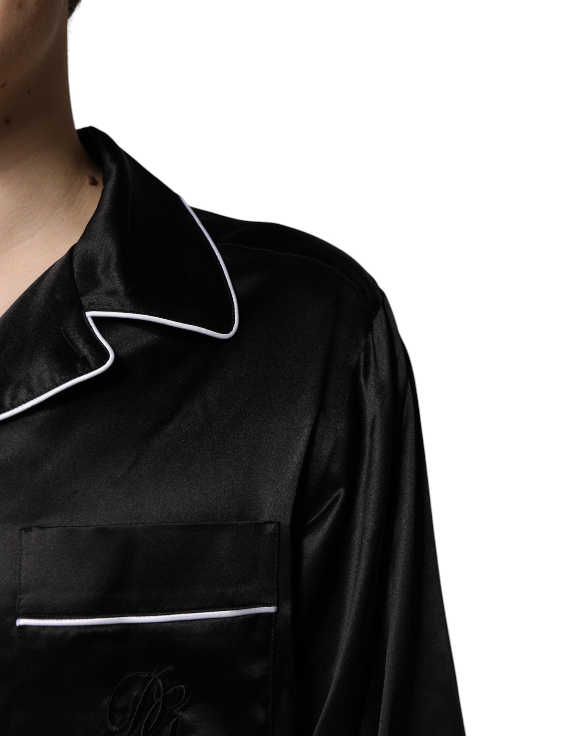 Black Silk Shirt Pants Pajama Set Sleepwear - ventzia