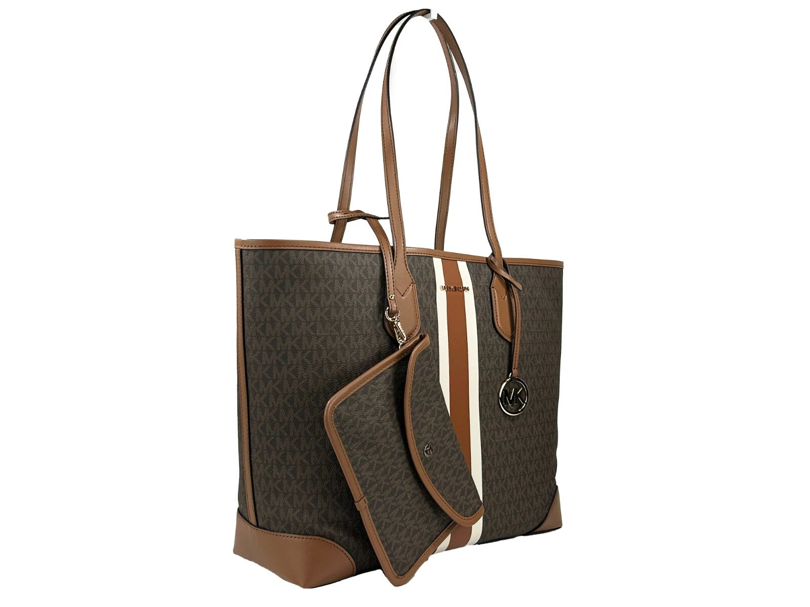 Eva Large Stripe Travel Tote Bag Plus Pouch Brown - ventzia