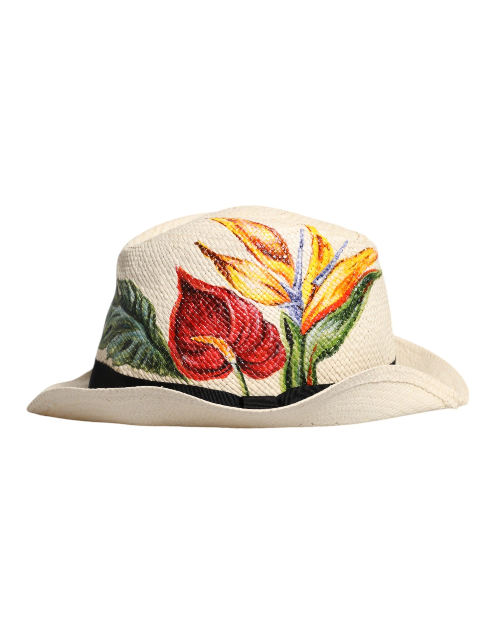 Beige Floral Print Straw Wide Brim Fedora Hat - ventzia