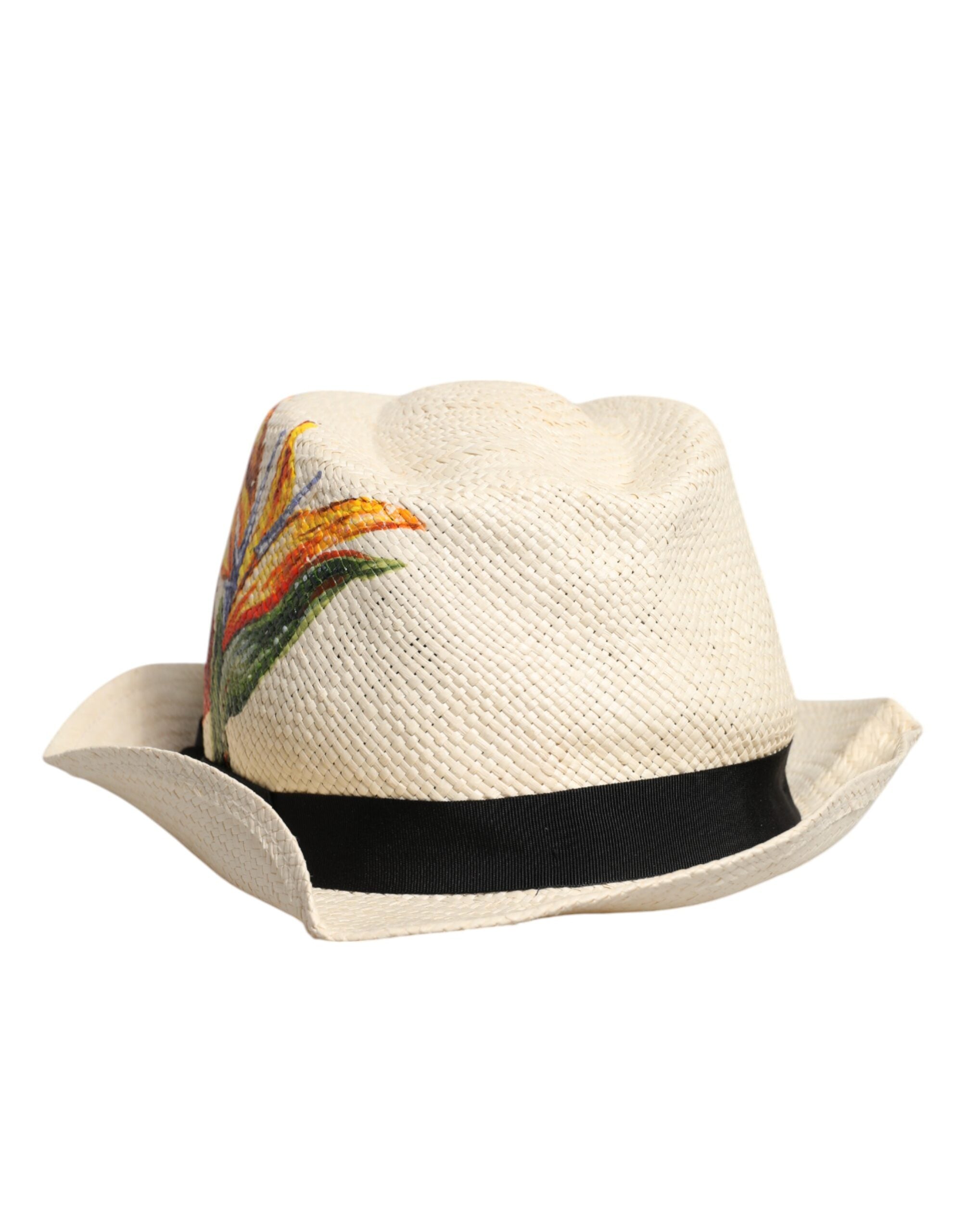 Beige Floral Print Straw Wide Brim Fedora Hat - ventzia