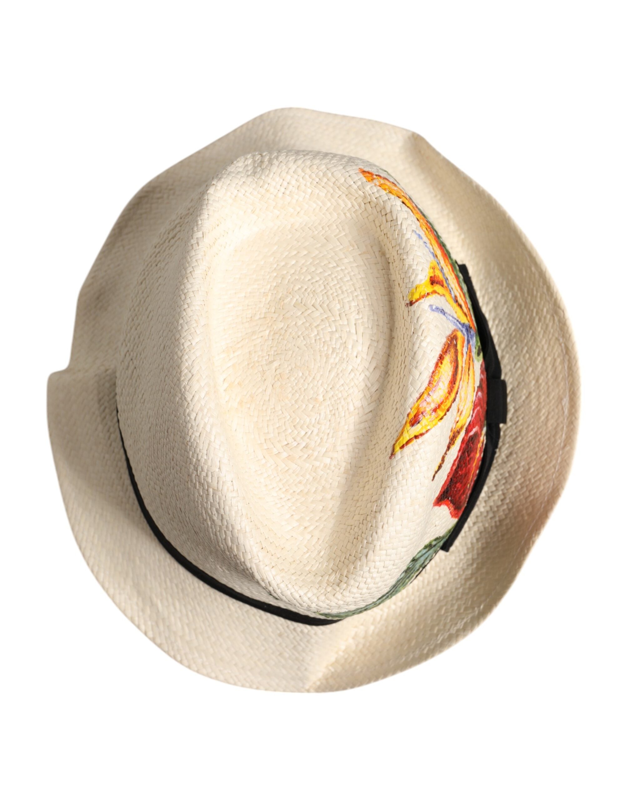Beige Floral Print Straw Wide Brim Fedora Hat - ventzia