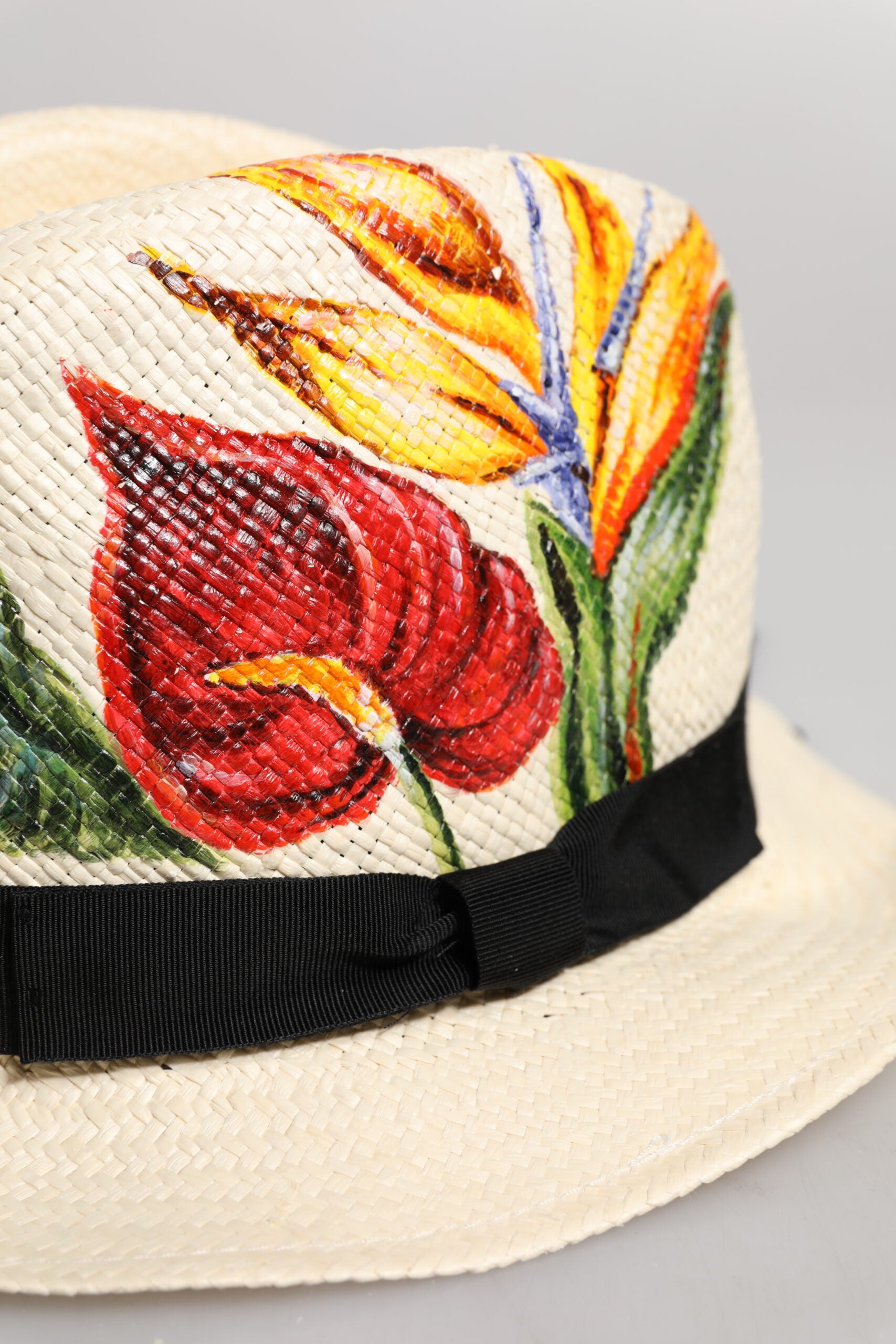 Beige Floral Print Straw Wide Brim Fedora Hat - ventzia
