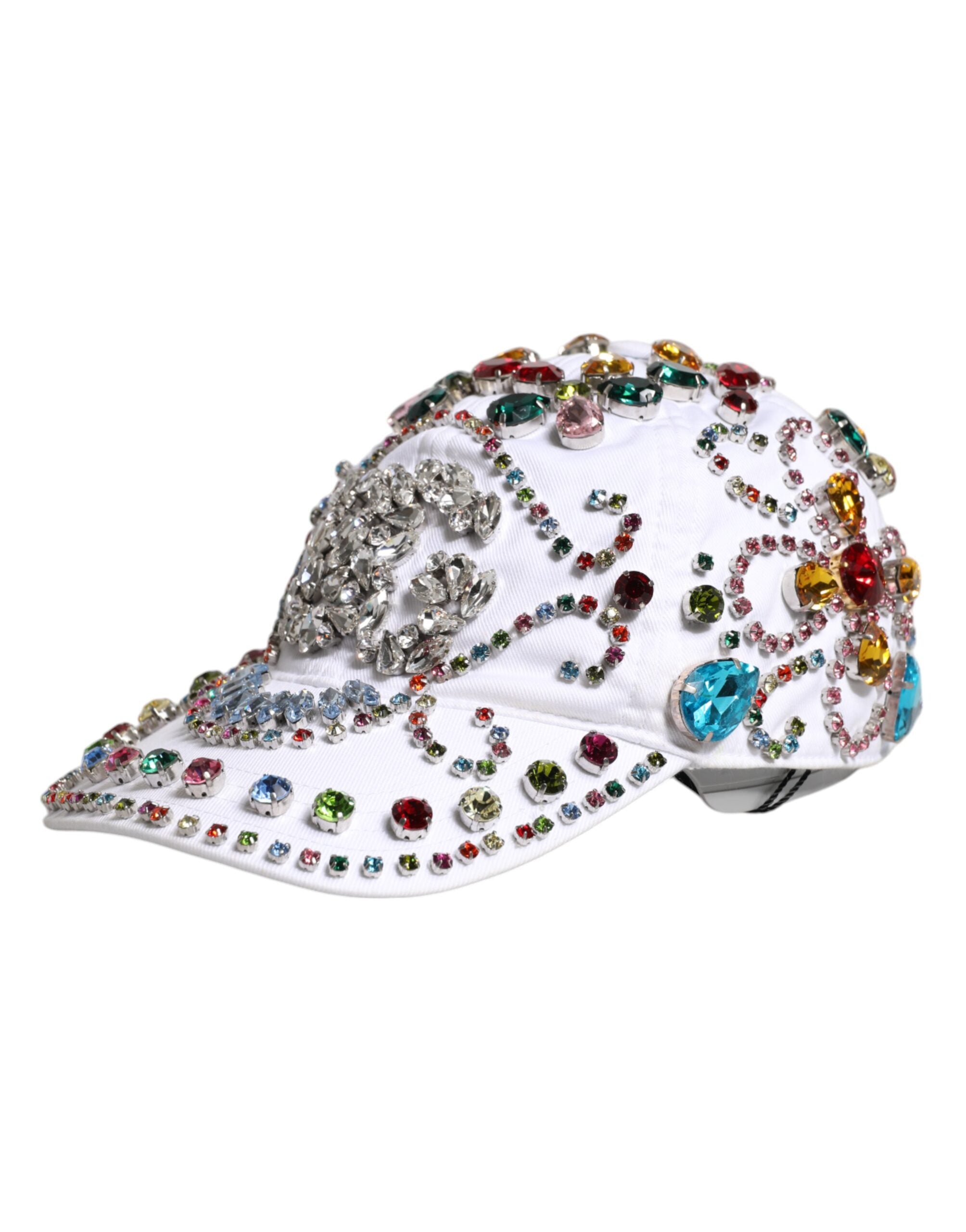 White Multicolor Crystal Embellish Baseball Cap - ventzia