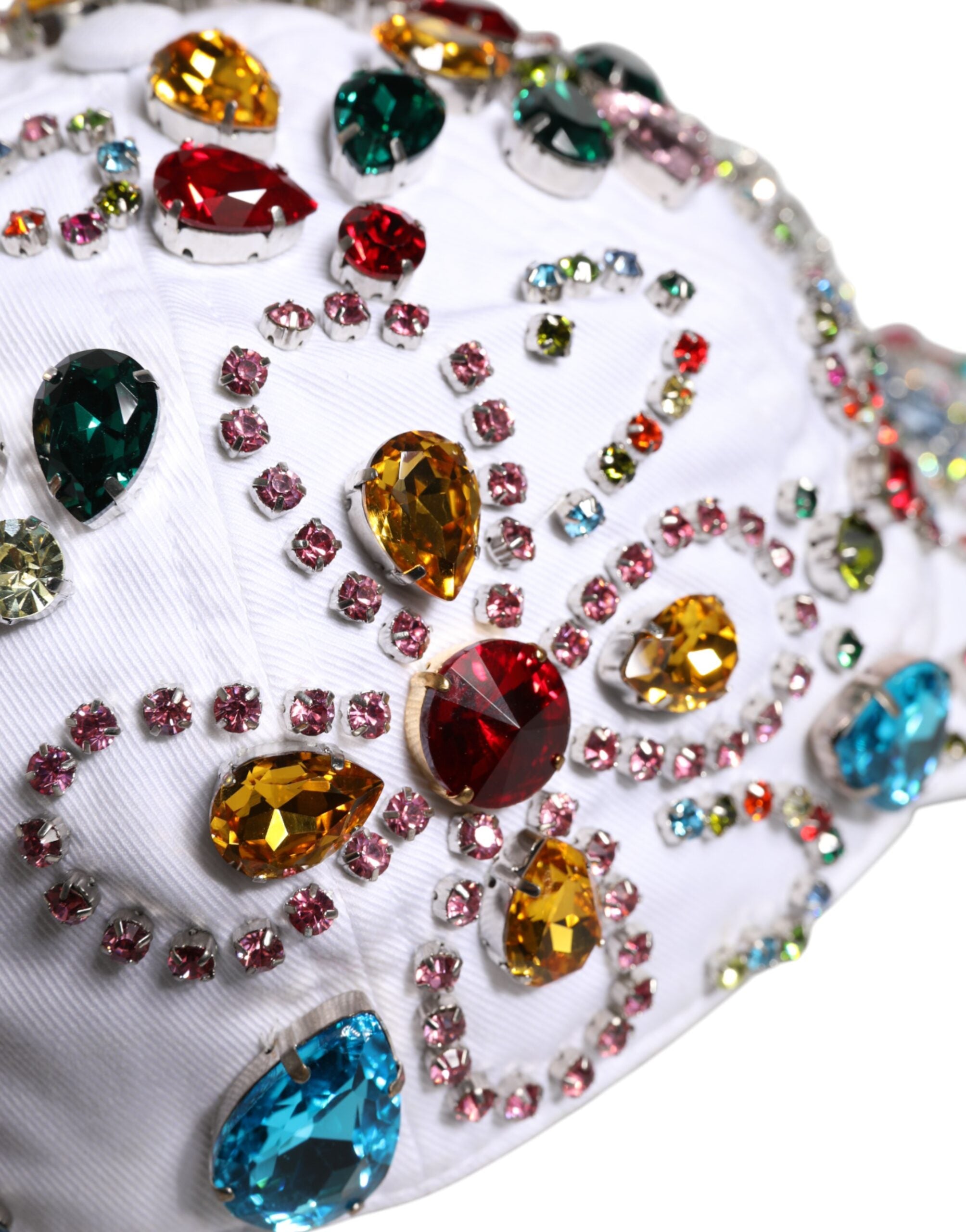 White Multicolor Crystal Embellish Baseball Cap - ventzia