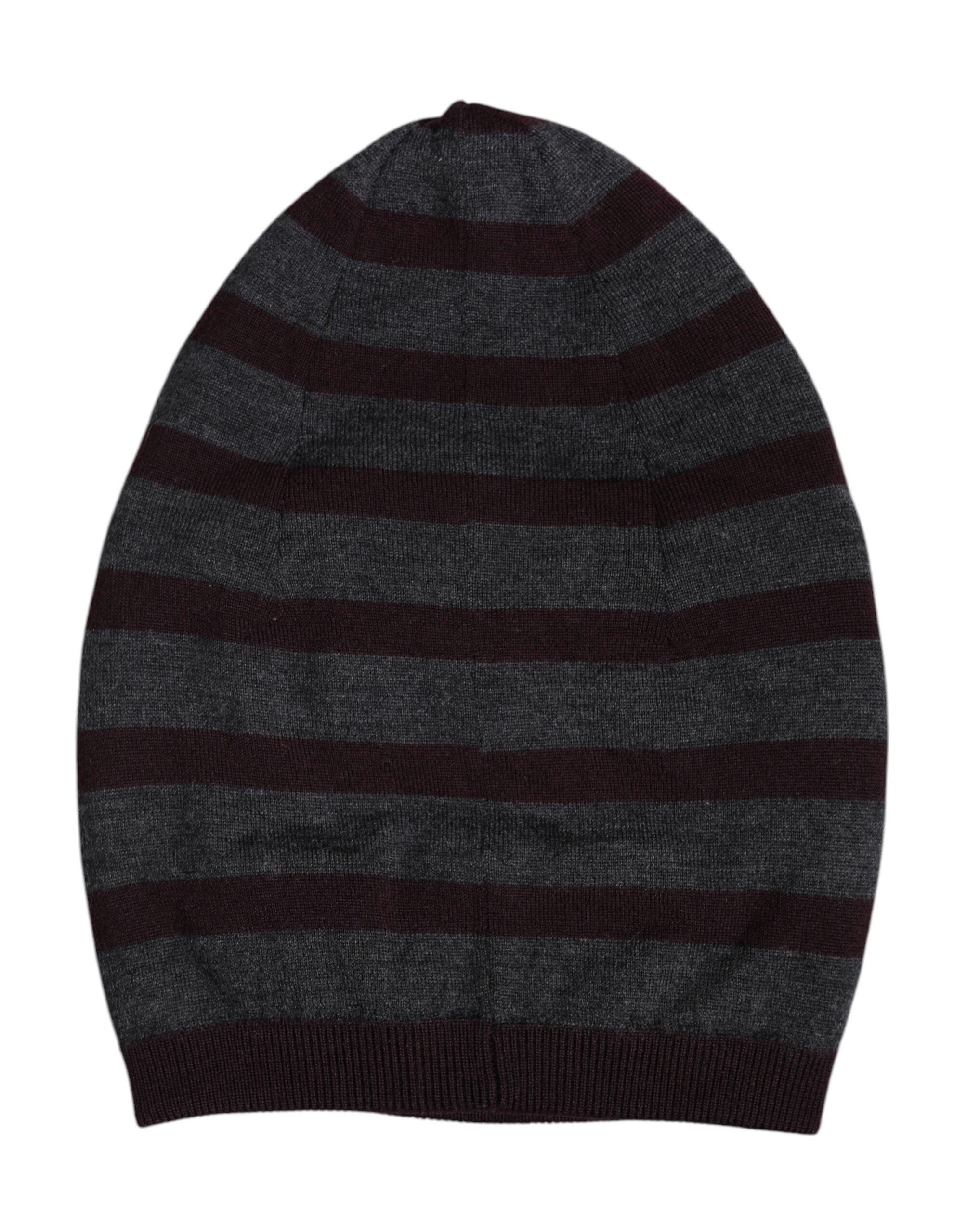 Gray Striped Wool Knitted Winter Beanie Hat - ventzia