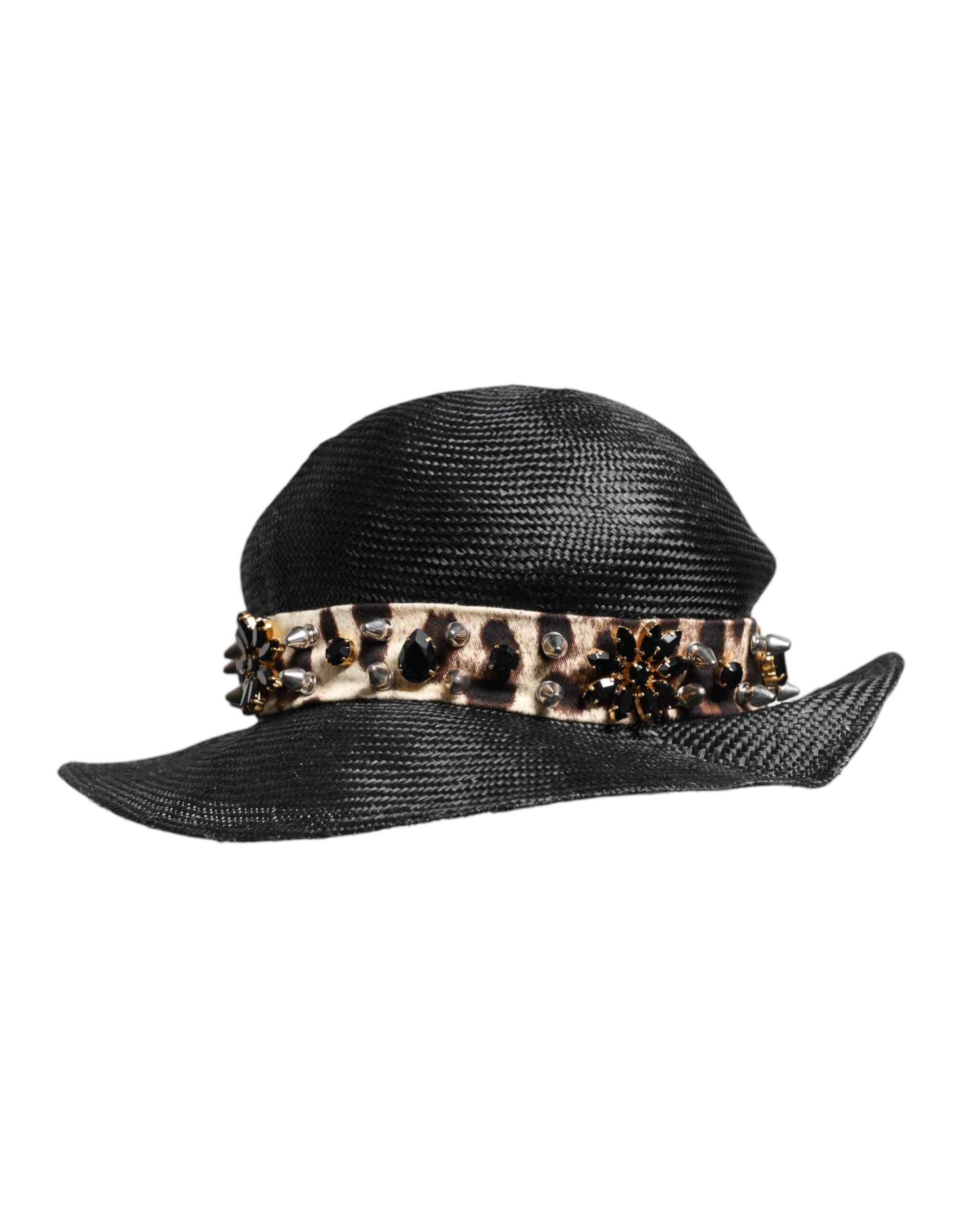 Black Straw Crystal Embellished Wide Brim Hat - ventzia