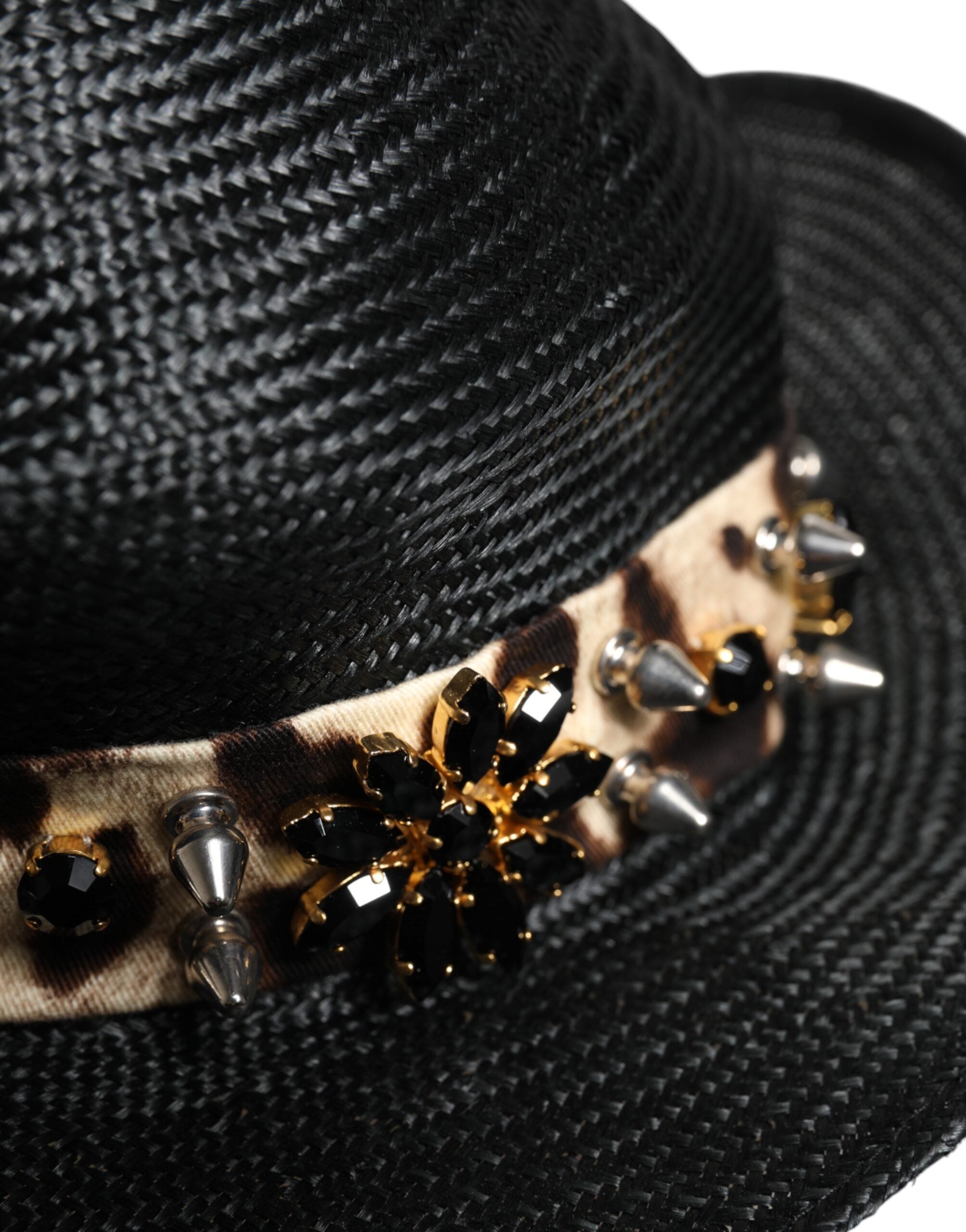 Black Straw Crystal Embellished Wide Brim Hat - ventzia