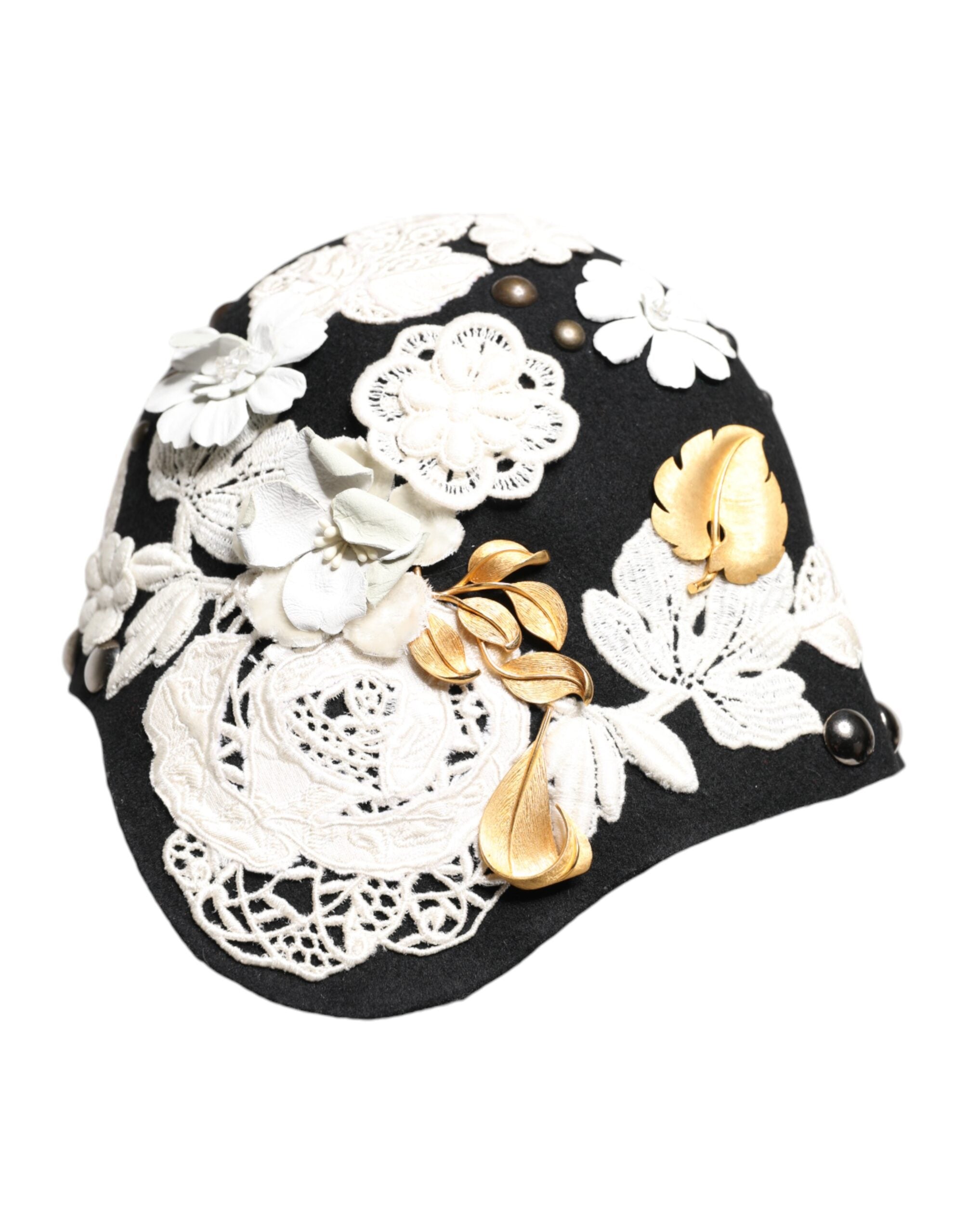 Black Wool White Floral Gold Leaf Cloche Hat - ventzia