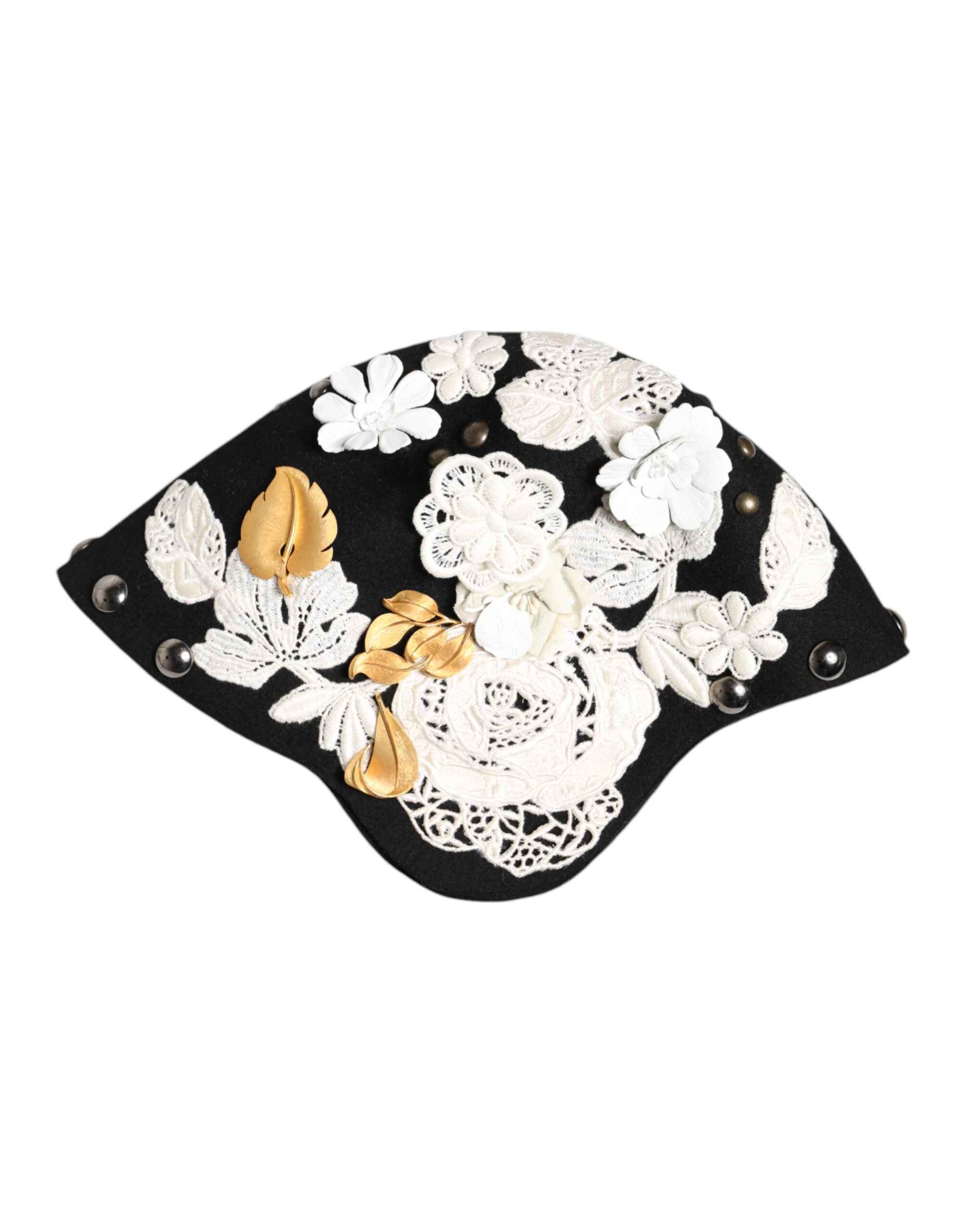 Black Wool White Floral Gold Leaf Cloche Hat - ventzia
