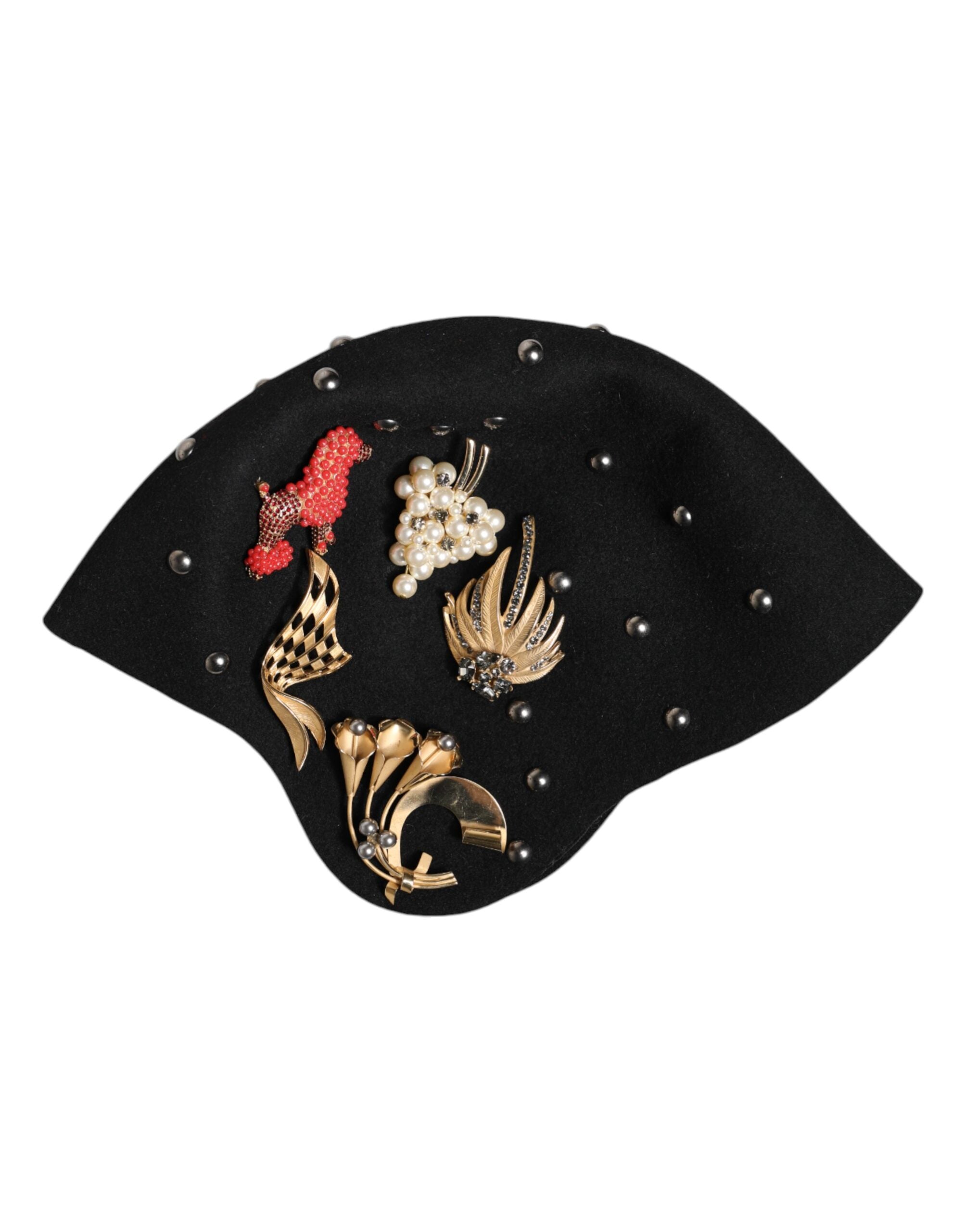 Black Wool Multicolor Embellished Cloche Hat - ventzia