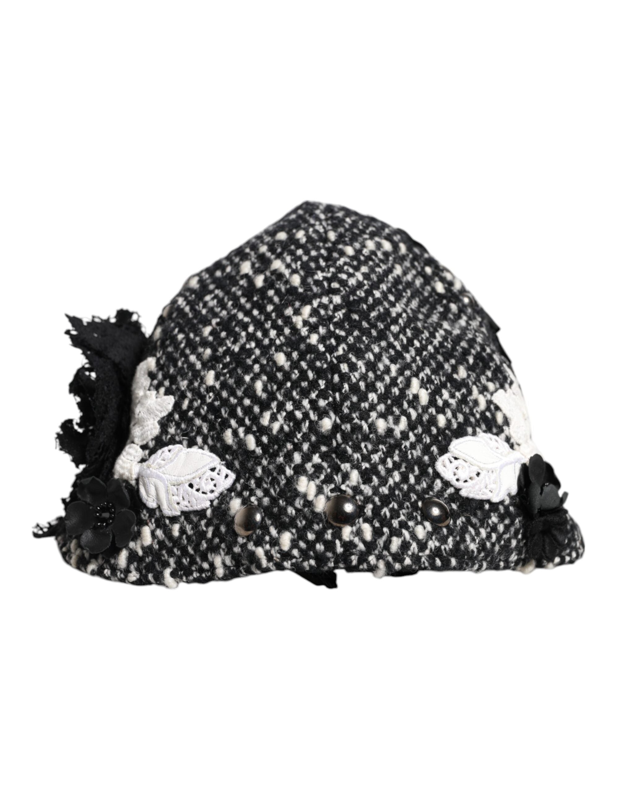 Black Wool White Floral Embellished Cloche Hat - ventzia