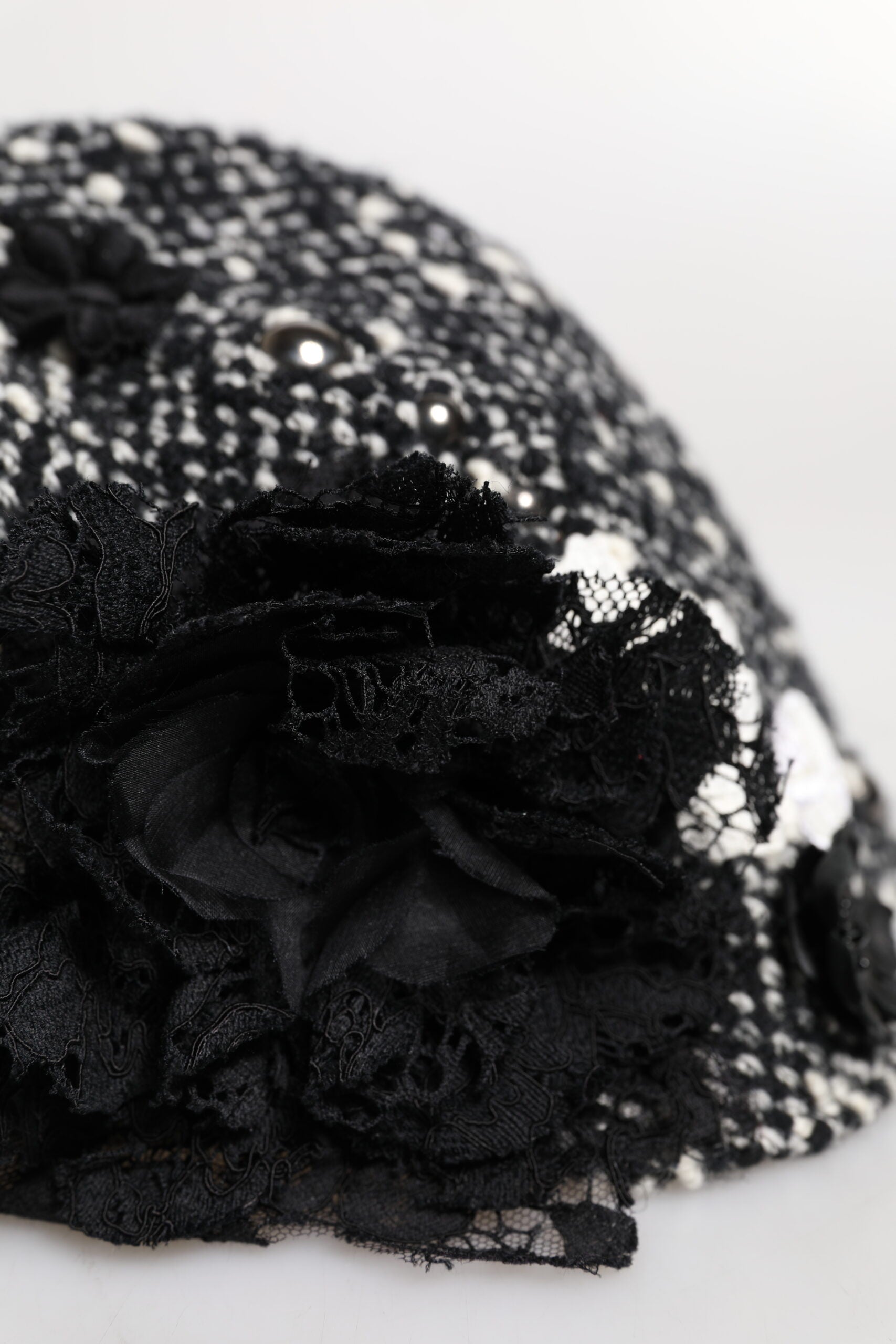 Black Wool White Floral Embellished Cloche Hat - ventzia