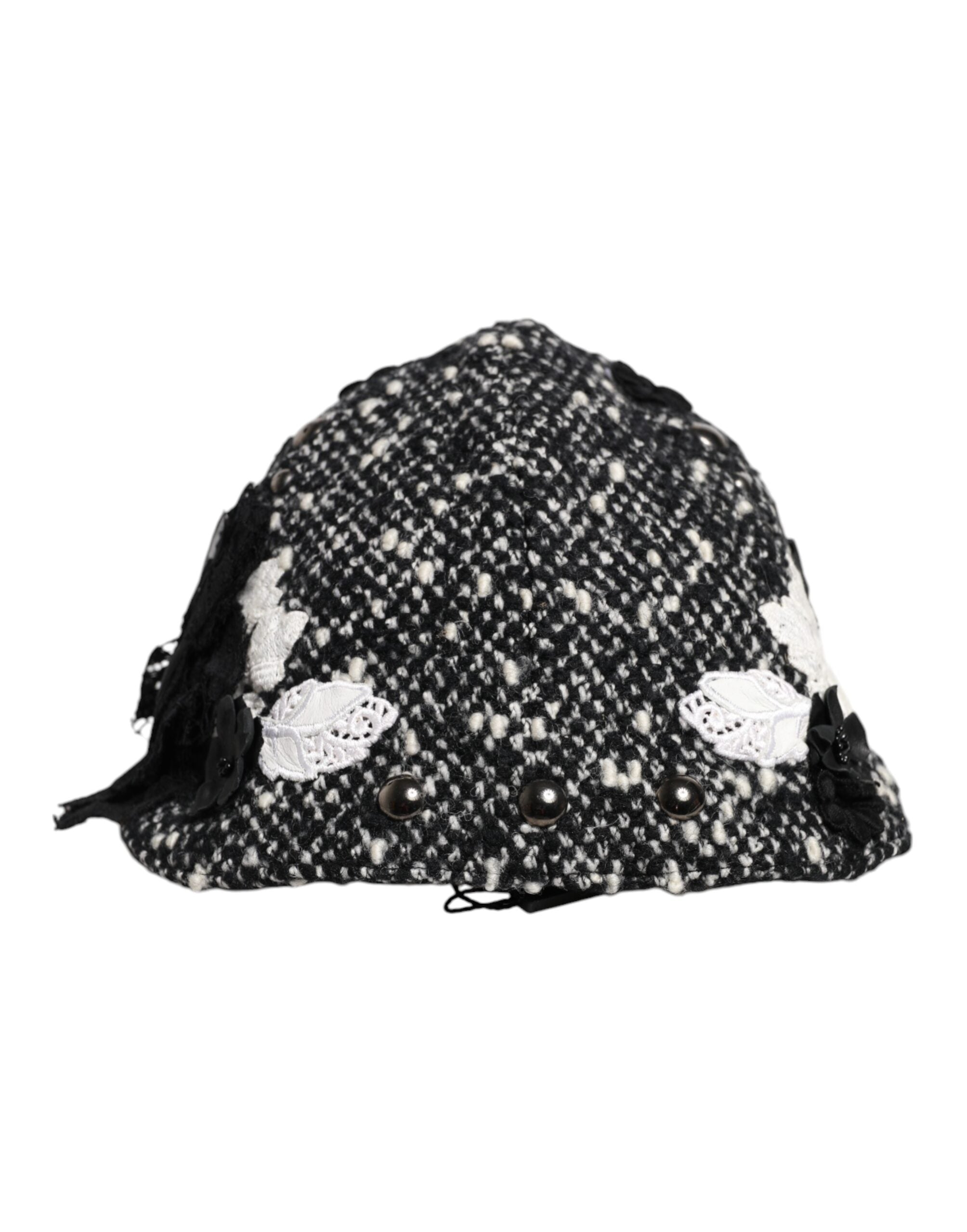 Black Wool White Floral Embellished Cloche Hat - ventzia