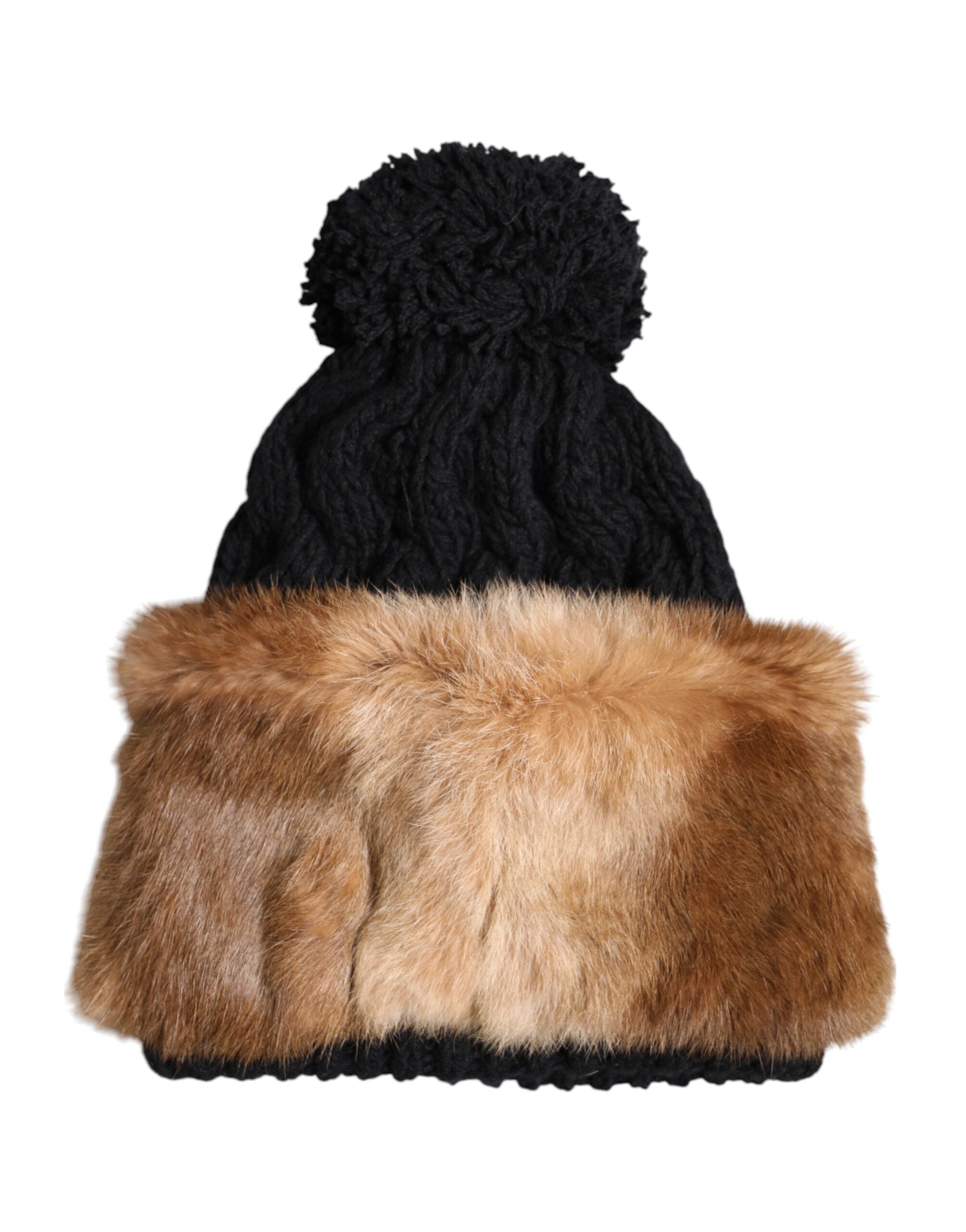 Black Brown Dyed Rabbit Real Fur Winter Beanie Hat - ventzia