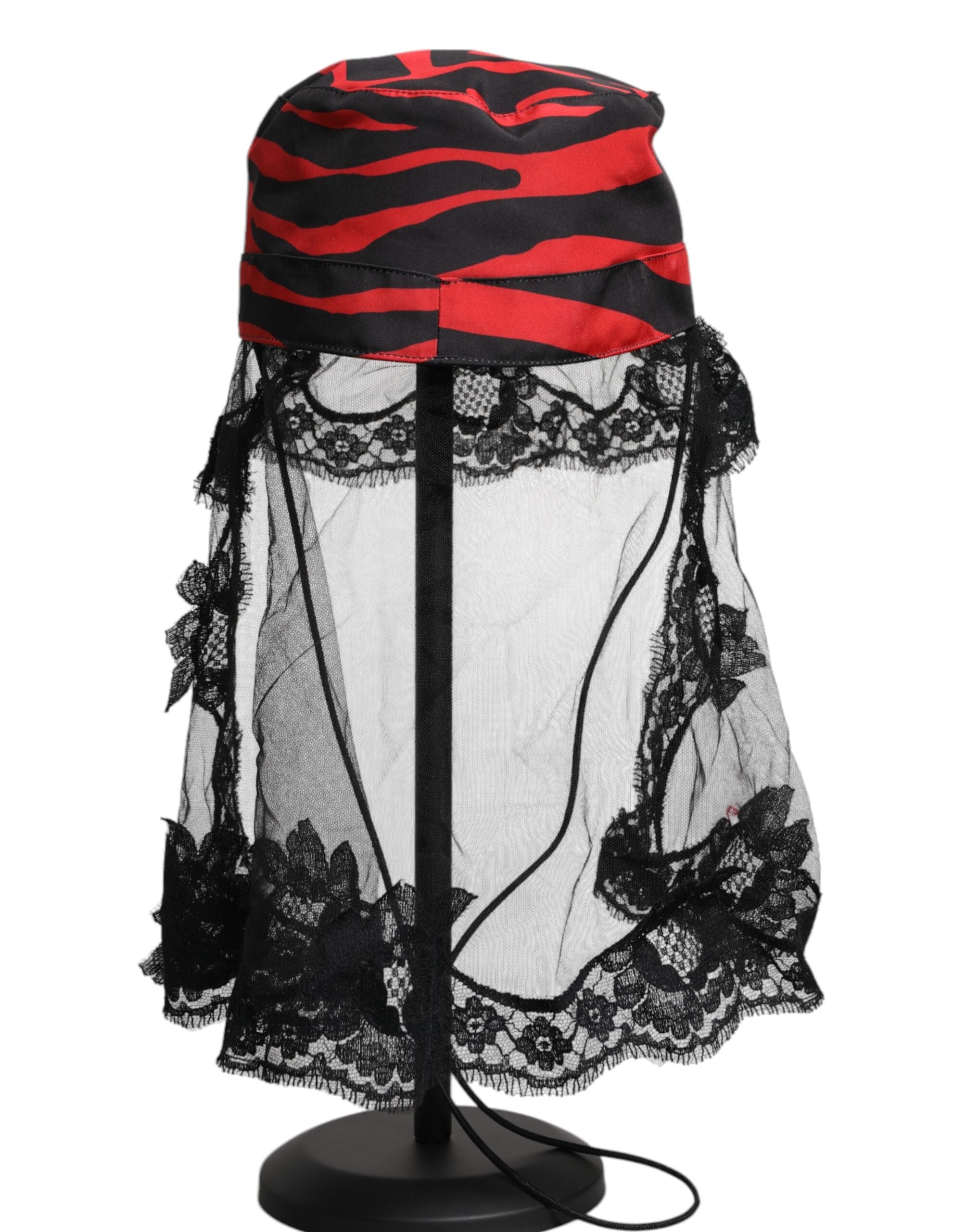 Black Red Stripes Lace Tulle Bucket Hat - ventzia