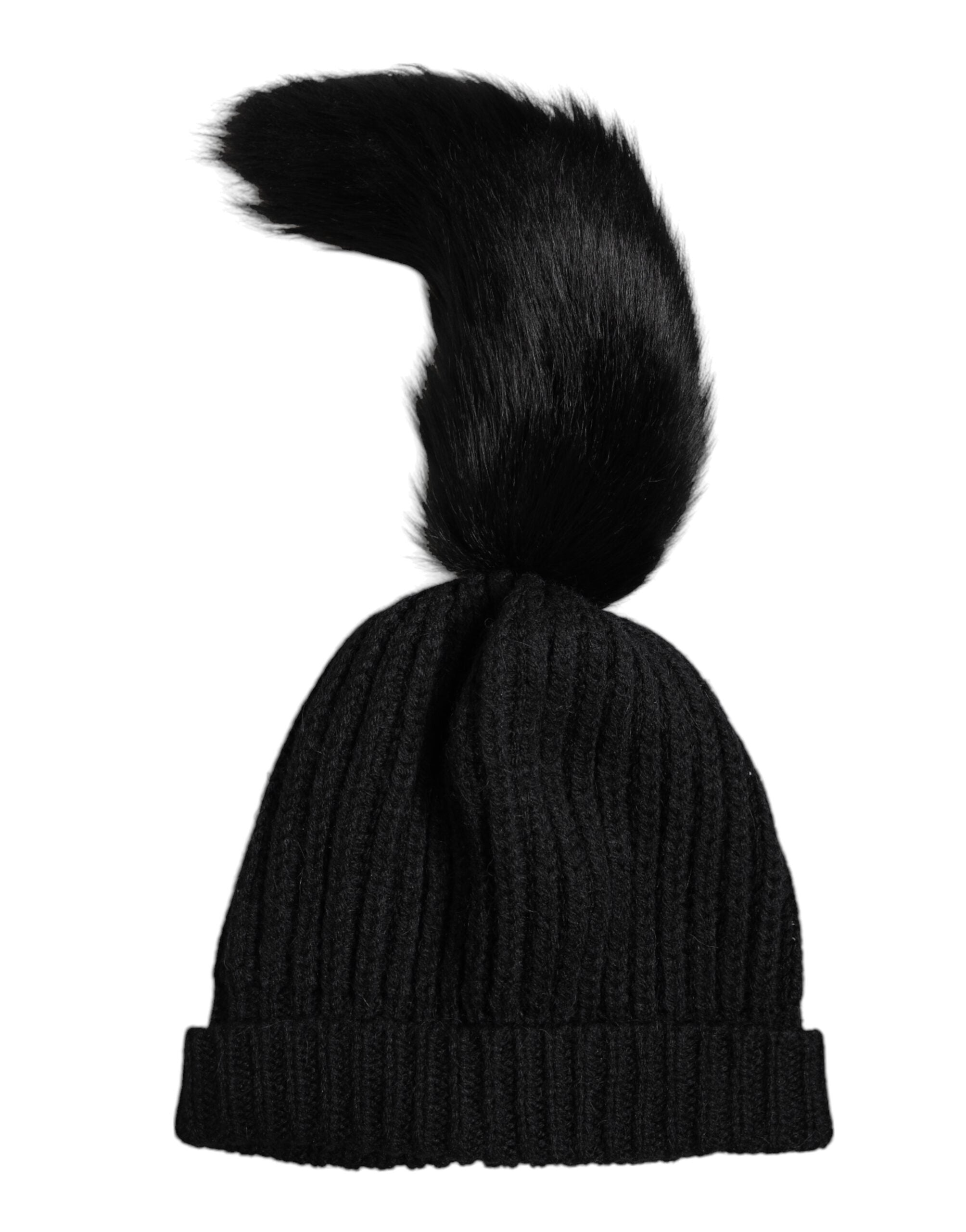 Black Acrylic Knitted Fur Winter Beanie Hat - ventzia