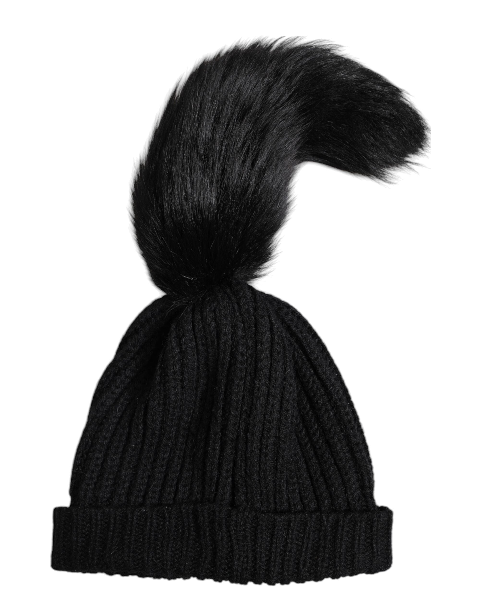 Black Acrylic Knitted Fur Winter Beanie Hat - ventzia
