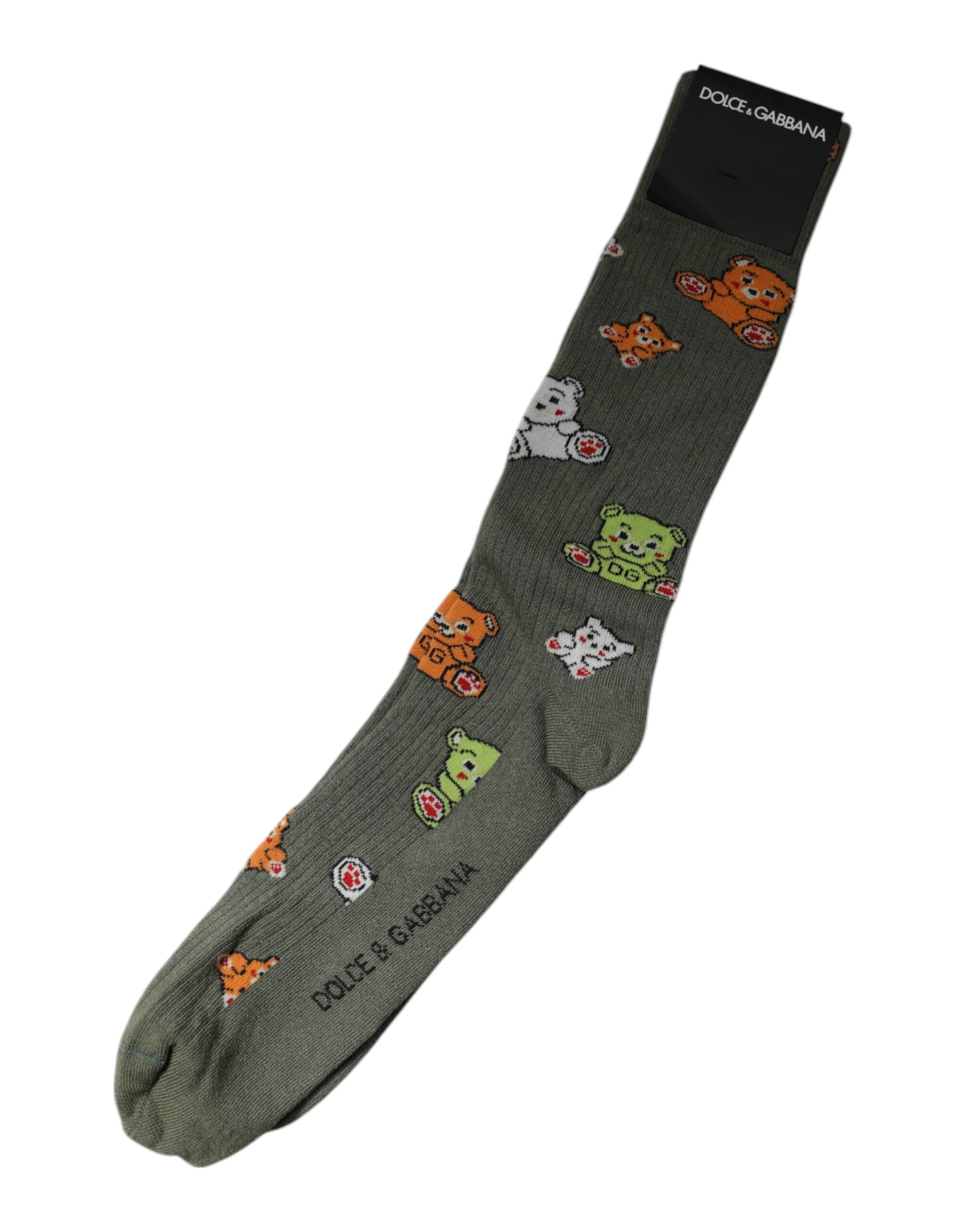 Green Nylon DG Bear Printed Mid Calf Socks - ventzia