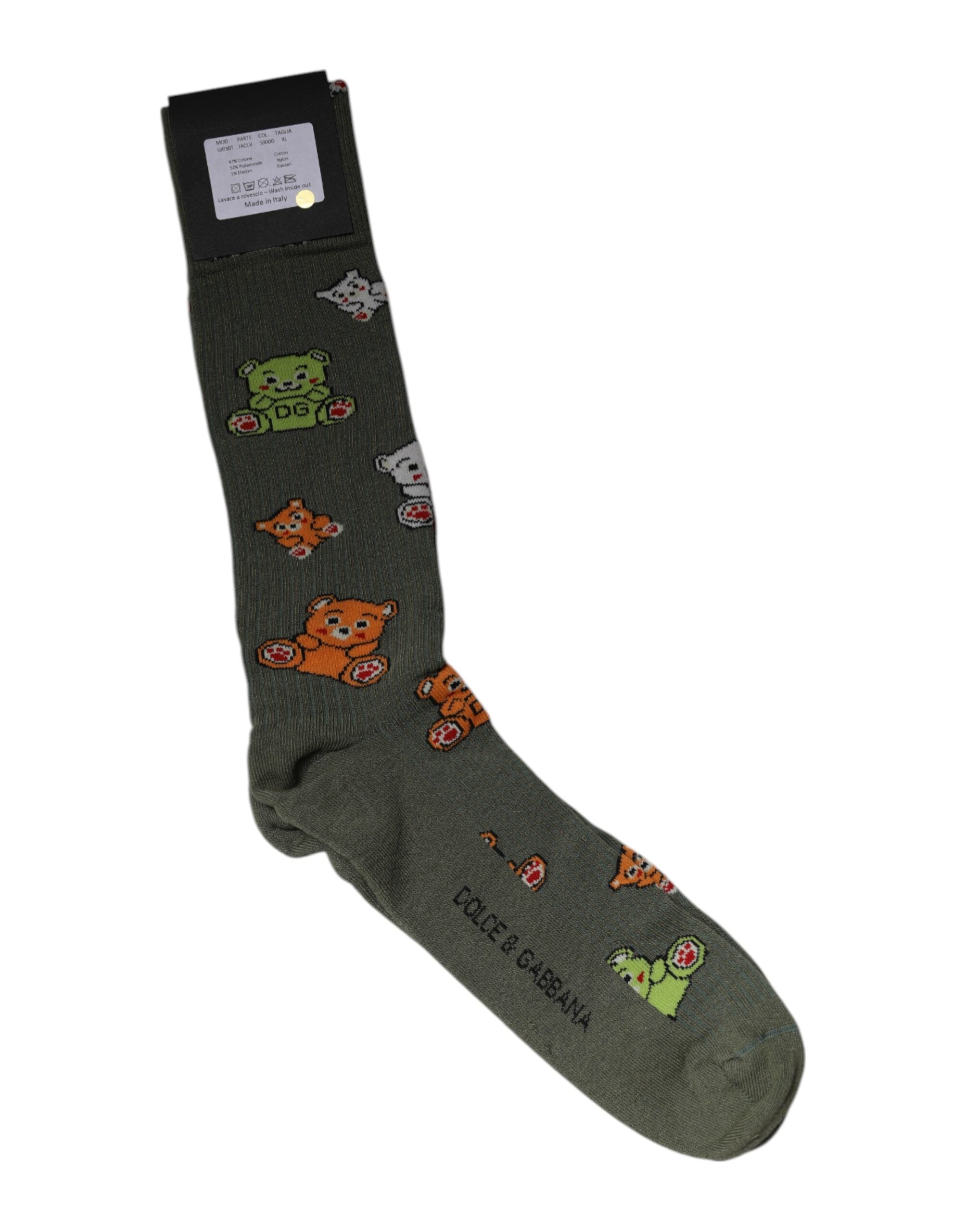 Green Nylon DG Bear Printed Mid Calf Socks - ventzia