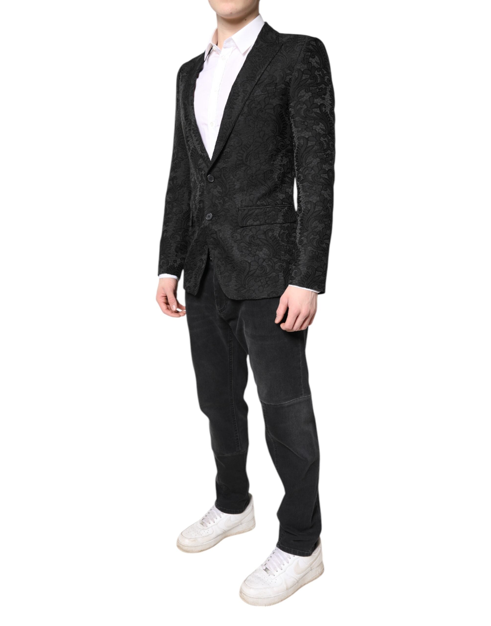 Black Floral Jacquard Coat Jacket Blazer - ventzia