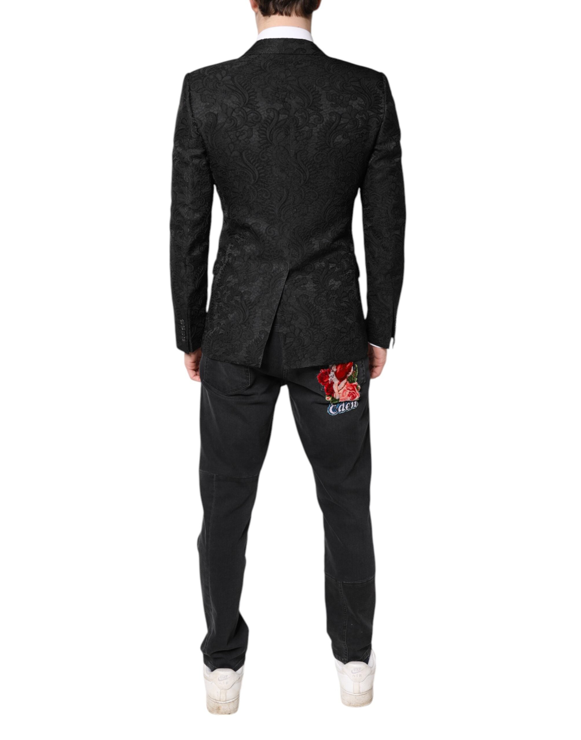 Black Floral Jacquard Coat Jacket Blazer - ventzia