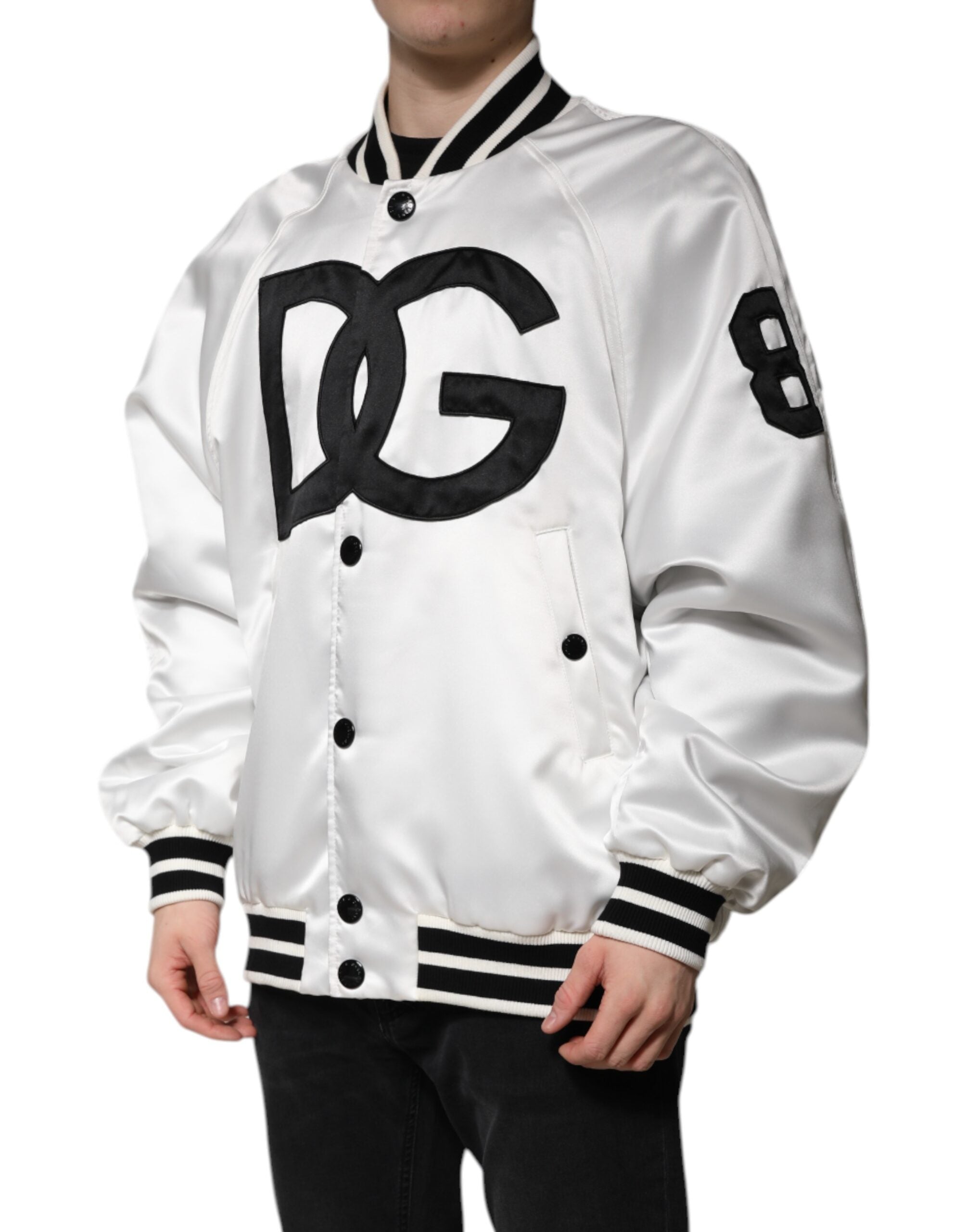 White DG Logo Polyester Jersey Bomber Jacket - ventzia