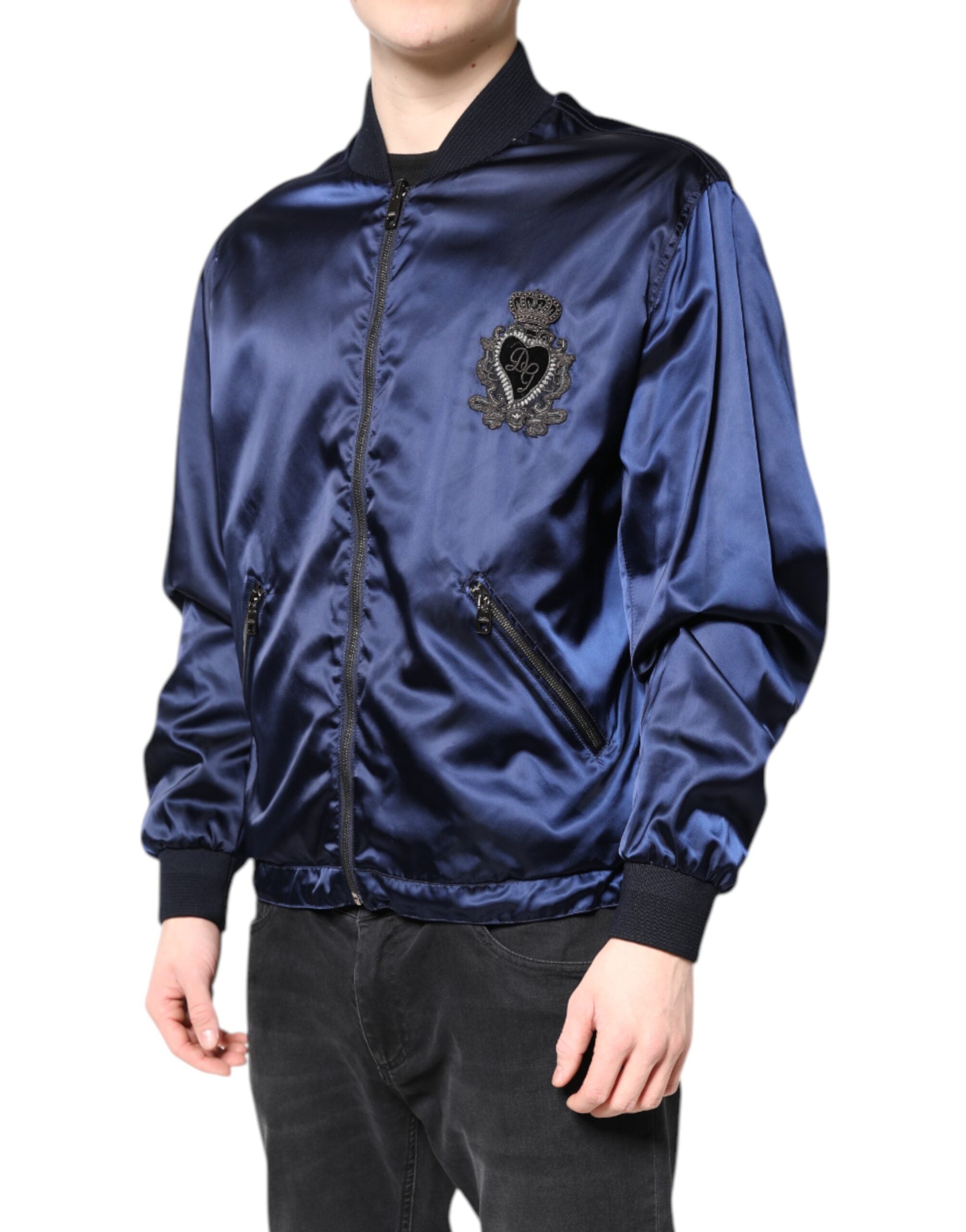 Blue Nylon DG Crown Full Zip Bomber Jacket - ventzia