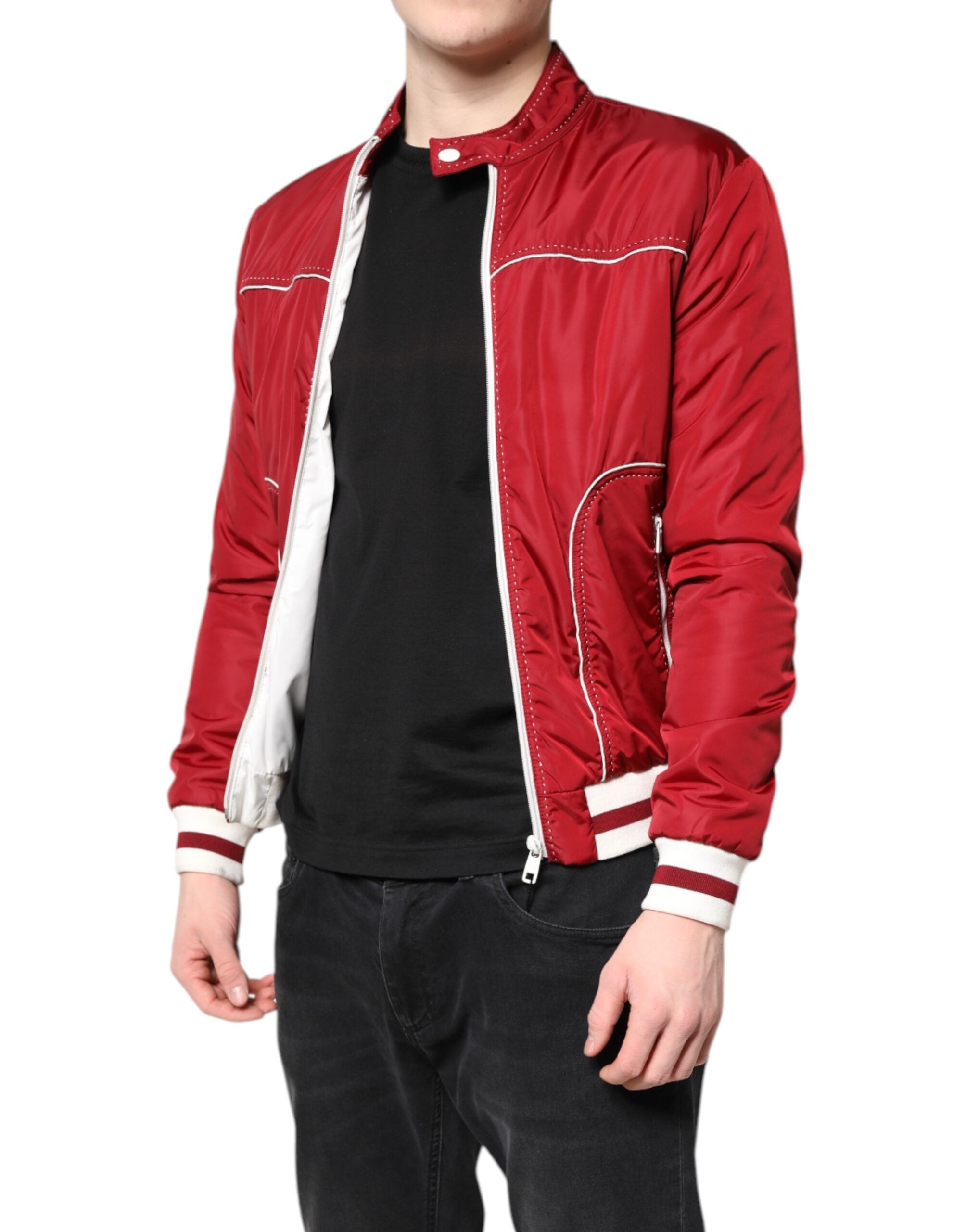 Red White Nylon Full Zip Men Bomber Jacket - ventzia