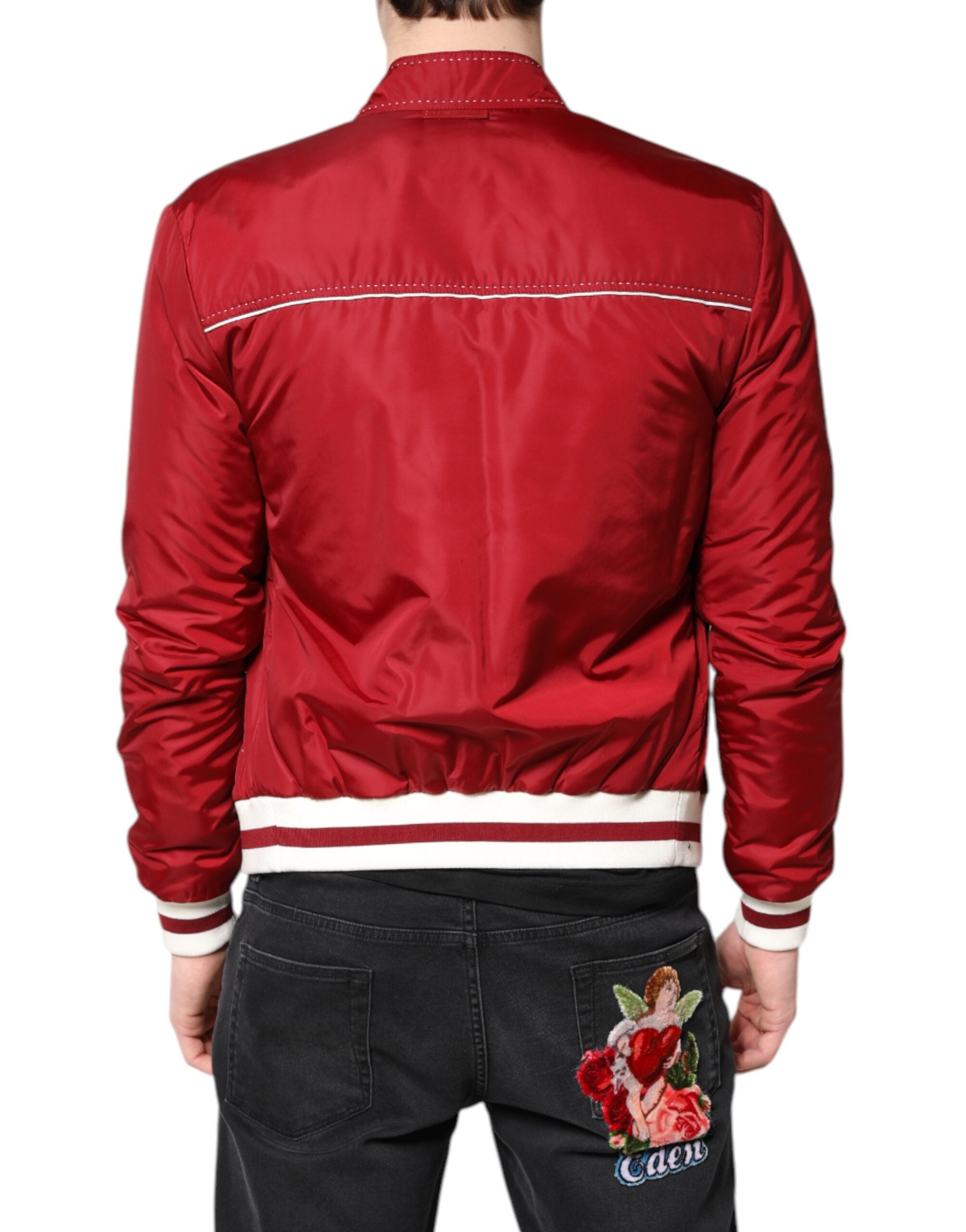 Red White Nylon Full Zip Men Bomber Jacket - ventzia
